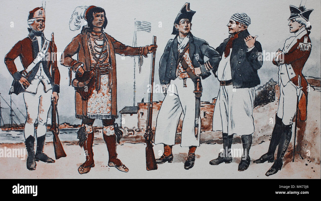 Fashion, clothing in North America, end of the 18th - 19th century, from left, an infantryman, the chief of the Indigenous tribe of the Seminoles, a marine soldier in holiday gala dress, a sailor and an infantry officer, digital improved reproduction from an original from the year 1900 Stock Photo