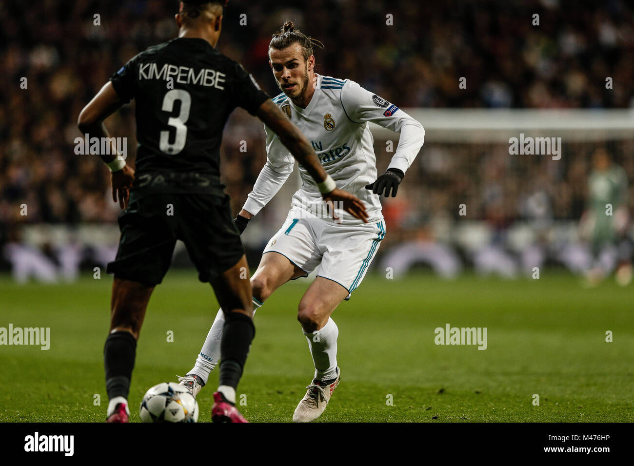 Gareth Bale (Real Madrid) drives forward on the ball Presnel Kimpembe (PSG),  UCL Champions League match between Real Madrid vs PSG at the Santiago  Bernabeu stadium in Madrid, Spain, February 14, 2018.