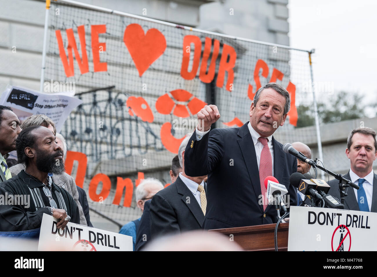 Columbia, South Carolina, USA -  February 13, 2018: Former South Carolina Governor Mark Sanford (R-SC) denounces the Trump administration's potential expansion of oil drilling in the Northern Atlantic Ocean while speaking during a rally against off-short drilling held at the South Carolina State House. Credit: Crush Rush/Alamy Live News Stock Photo