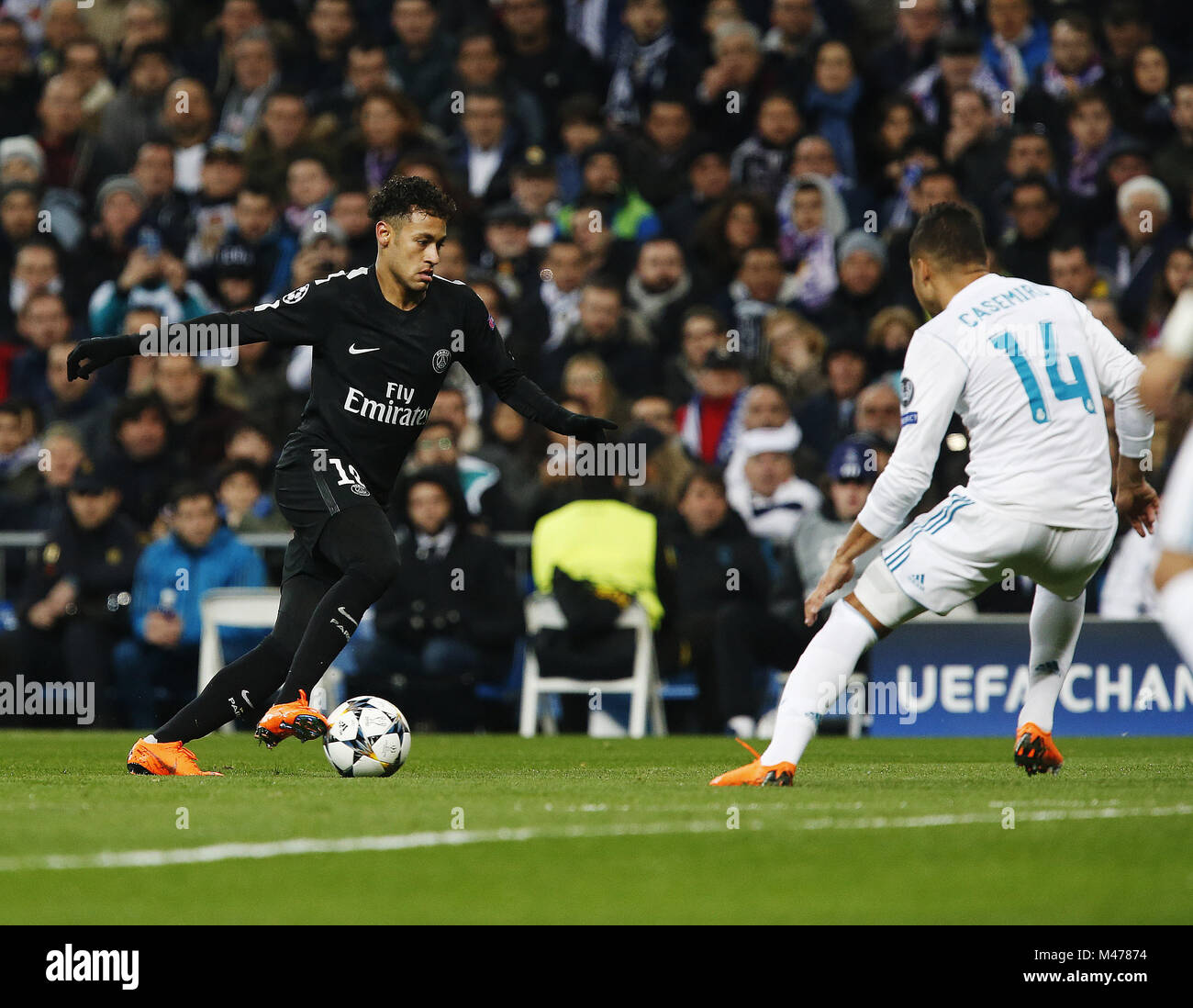 Madrid, Madrid, Spain. 14th Feb, 2018. Neymar (Paris Saint Germain) in action during the UEFA Champions league round of 16 match first leg football match between Real Madrid and Paris Saint Germain at Santiago Bernabeu stadium in Madrid. Credit: Manu Reino/SOPA/ZUMA Wire/Alamy Live News Stock Photo