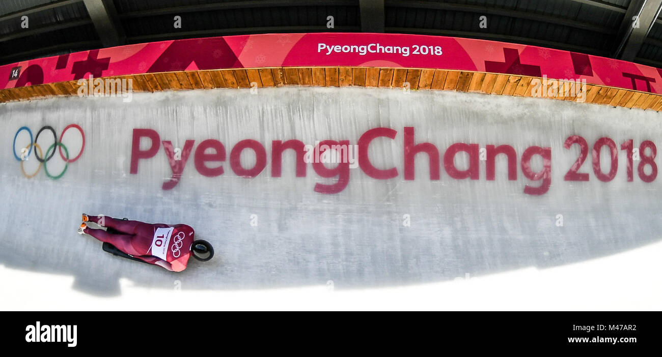 Pyeongchang, South Korea. 15th Feb, 2018. Olympic athelete from Russia Nikita Tregubov competes in the men's skeleton at 2018 PyeongChang Winter Olympic Games at Olympic Sliding Centre, PyeongChang, South Korea, Feb. 15, 2018. Nikita Tregubov claimed the second place after heat 2 in the time of 1:41.09 in total. Credit: Wang Haofei/Xinhua/Alamy Live News Stock Photo