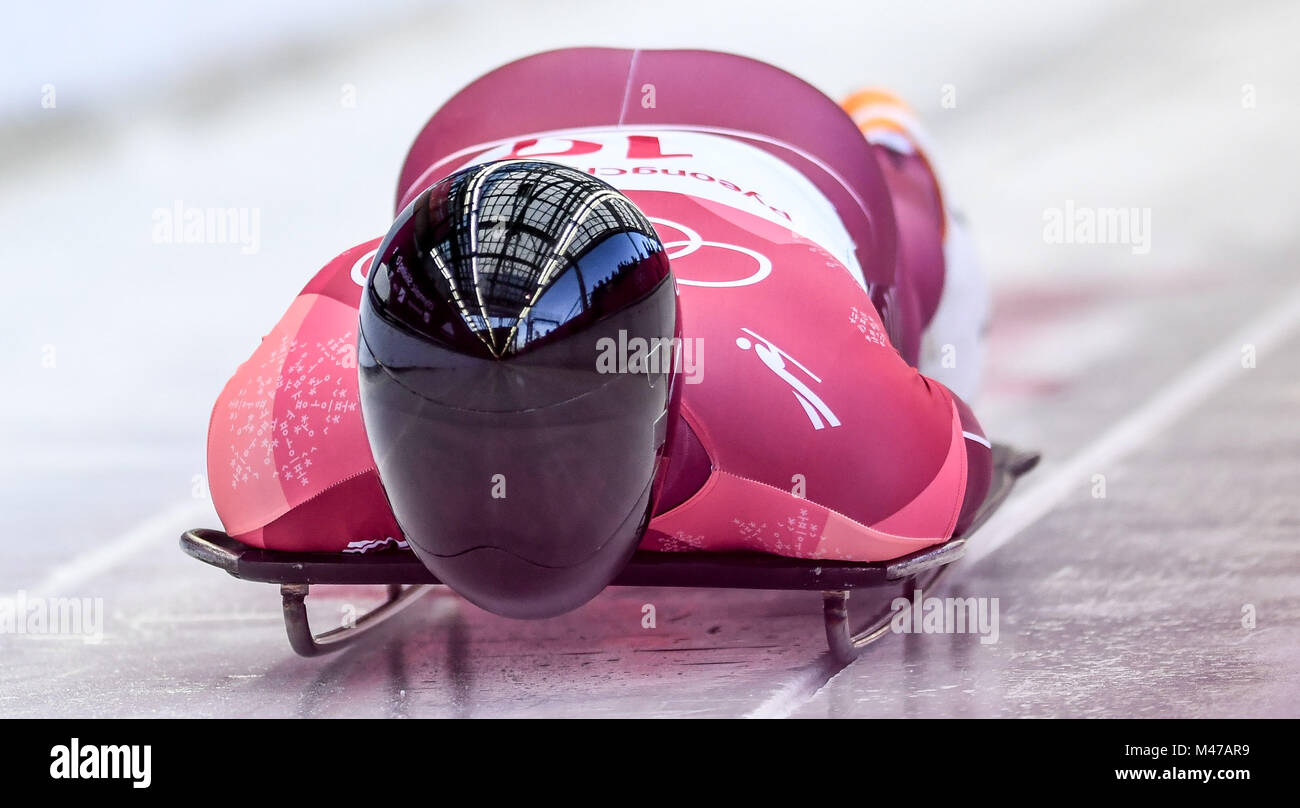 Pyeongchang, South Korea. 15th Feb, 2018. Olympic athelete from Russia Nikita Tregubov competes in the men's skeleton at 2018 PyeongChang Winter Olympic Games at Olympic Sliding Centre, PyeongChang, South Korea, Feb. 15, 2018. Nikita Tregubov claimed the second place after heat 2 in the time of 1:41.09 in total. Credit: Wang Haofei/Xinhua/Alamy Live News Stock Photo