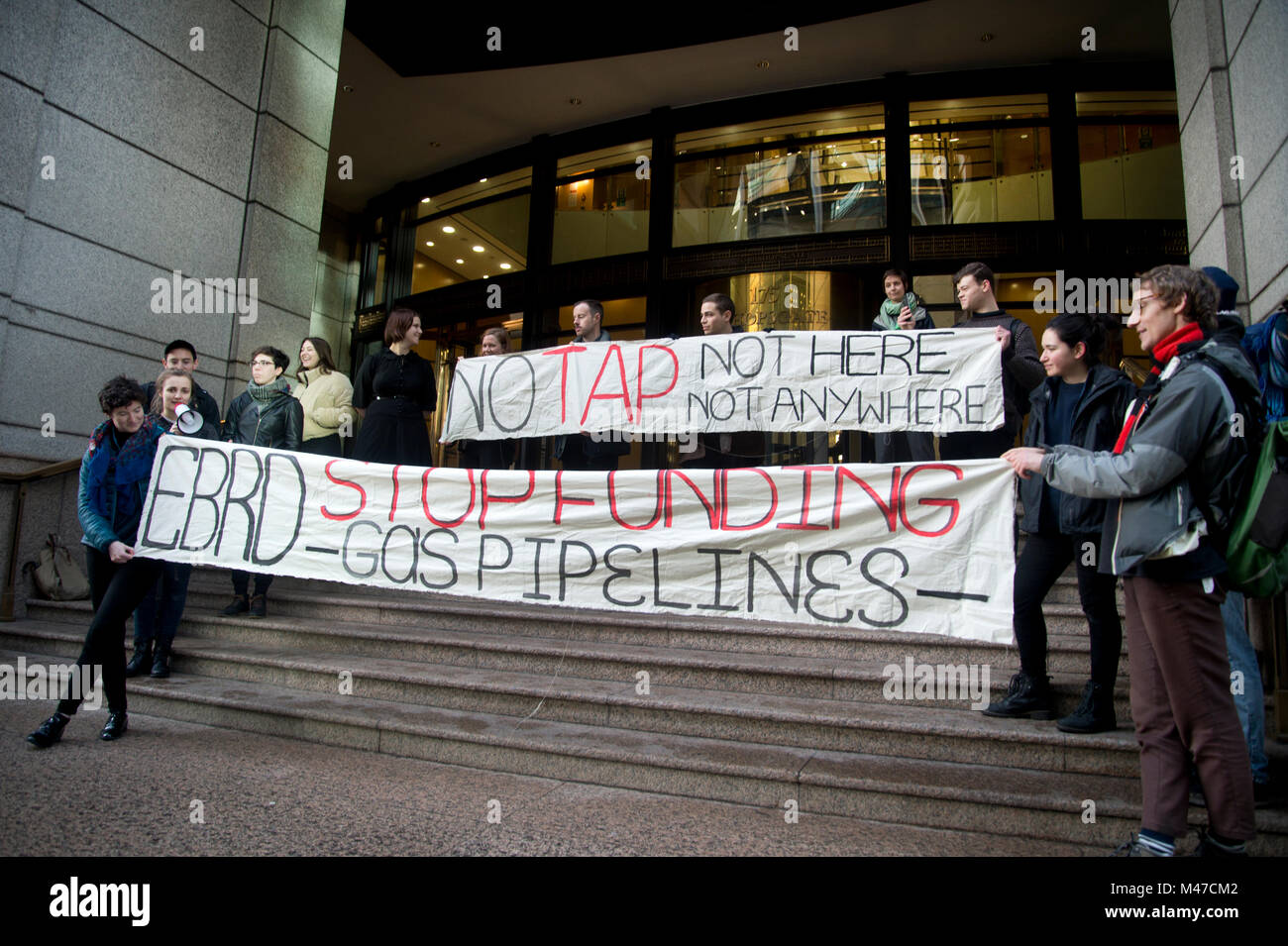 London, UK. 15th February, 2018. Demonstration outside the European Bank for Reconstruction and Development to demand that the bank pledges not to invest in the Trans-Adriatic Pipeline (TAP). On February 17th 2018 the EBRD will close its public consultation and decide whether to give 500 million Euros to the pipeline that aims to bring gas from Azerbijan to Europe. Credit: Jenny Matthews/Alamy Live News Stock Photo