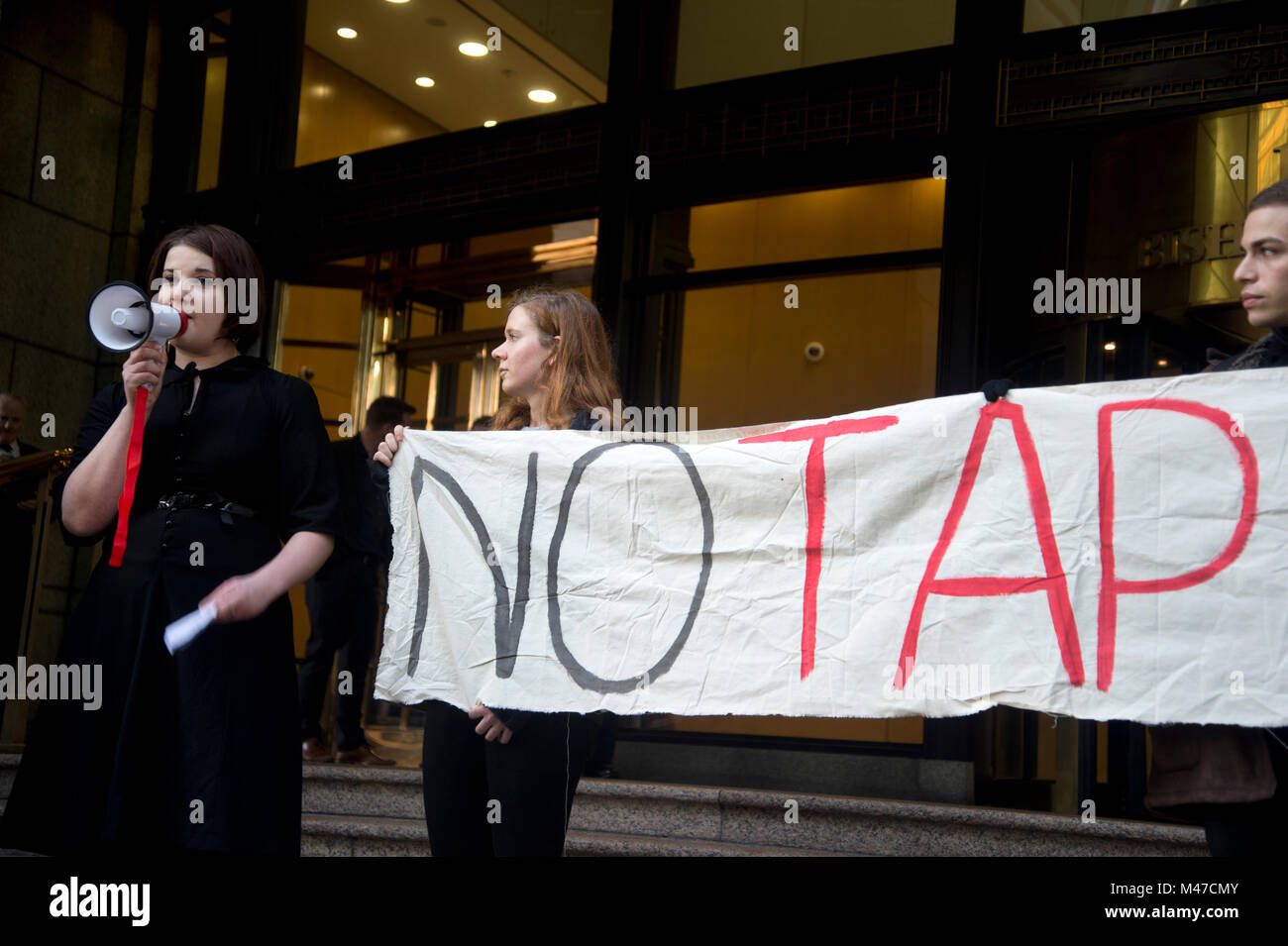 London, UK. 15th February, 2018. Demonstration outside the European Bank for Reconstruction and Development to demand that the bank pledges not to invest in the Trans-Adriatic Pipeline (TAP). On February 17th 2018 the EBRD will close its public consultation and decide whether to give 500 million Euros to the pipeline that aims to bring gas from Azerbijan to Europe. Credit: Jenny Matthews/Alamy Live News Stock Photo
