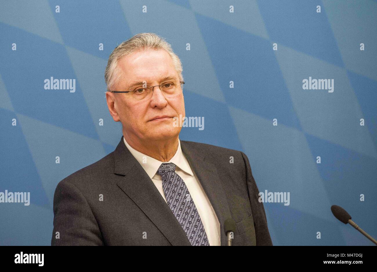 Munich, Bavaria, Germany. 15th Feb, 2018. Herbert Kickl of AustriaÃ¢â‚¬â„¢s extreme-right co-ruling party the FPÃƒ''“ arrived in Munich Thursday morning to meet with Bavarian Interior Minister Joachim Herrmann at the Staatsministerium. Among the topics discussed were optimized border controls, intensive police cooperation across the Bavarian-Austrian border, and toll-free travel for German service vehicles in Austria (Einsatzfahrzeuge). The press conference coincides with an announcement by Bavarian Minister-President SÃƒÂ¶der of a new border police (Grenzpolizei) in Bavaria that will b Stock Photo