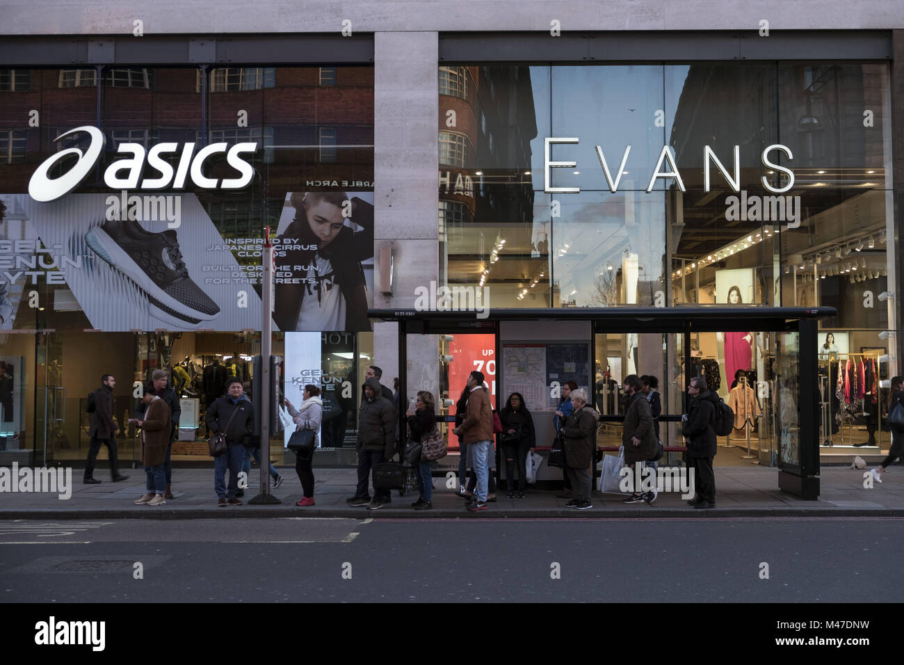 London, UK. 30th Jan, 2018. Asics and Evans stores seen in London famous  Oxford street. Central London is one of the most attractive tourist  attraction for individuals whose willing to shop and