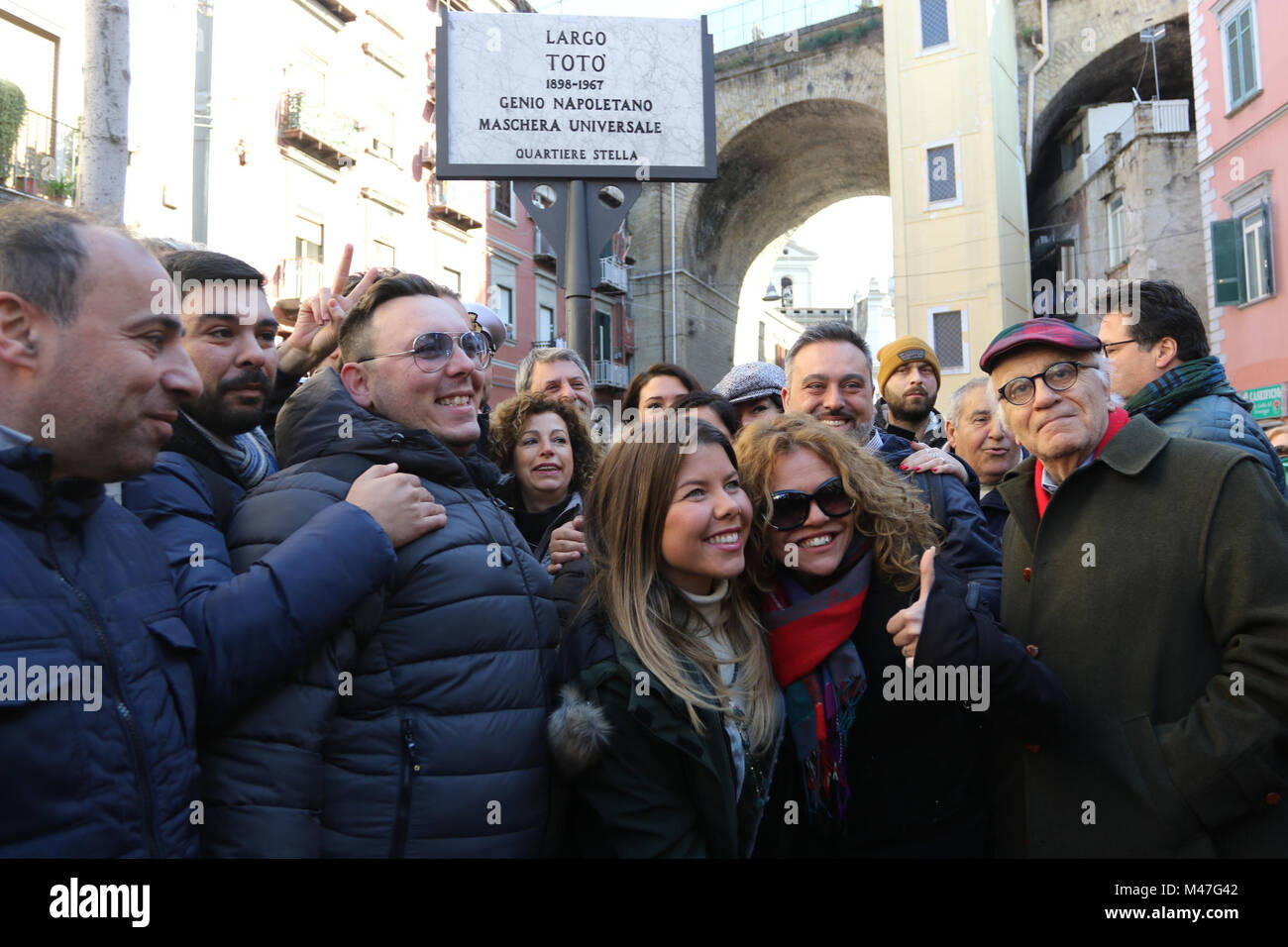 February 15, 2018 - This morning, in the heart of the SanitÃ  district, Largo TotÃ² opens in the square dedicated to Antonio De Curtis to celebrate the 120th anniversary of his birth. In the presence of the mayor of Naples, Luigi De Magistris, the culture councilor Nino Daniele and the president of the council of the third municipality, a plaque entitled to the prince of laughter was discovered among the applause. Also the nephews of TotÃ² were present. who celebrated his memory with a moving participation. A memory always alive in the heart of the Neapolitans and neighborhood residents who st Stock Photo