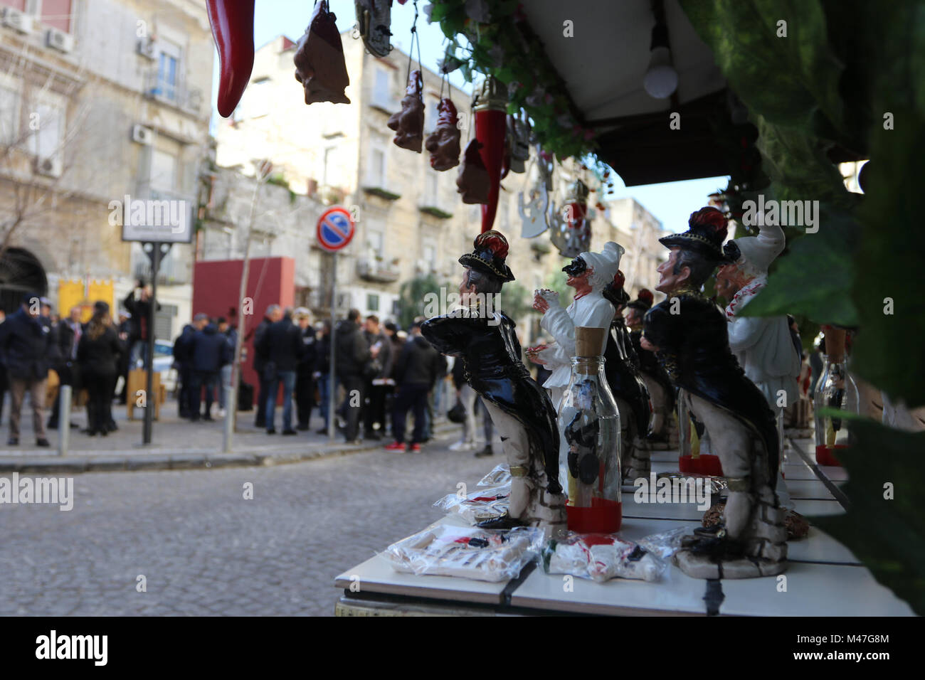 February 15, 2018 - One of the typical stalls that are found in Naples with the statues reproduced by the actor TotÃ². This morning, in the heart of the SanitÃ  district, Largo TotÃ² opens in the square dedicated to Antonio De Curtis to celebrate the 120th anniversary of his birth. In the presence of the mayor of Naples, Luigi De Magistris, the culture councilor Nino Daniele and the president of the council of the third municipality, a plaque entitled to the prince of laughter was discovered among the applause. Also the nephews of TotÃ² were present. who celebrated his memory with a moving par Stock Photo