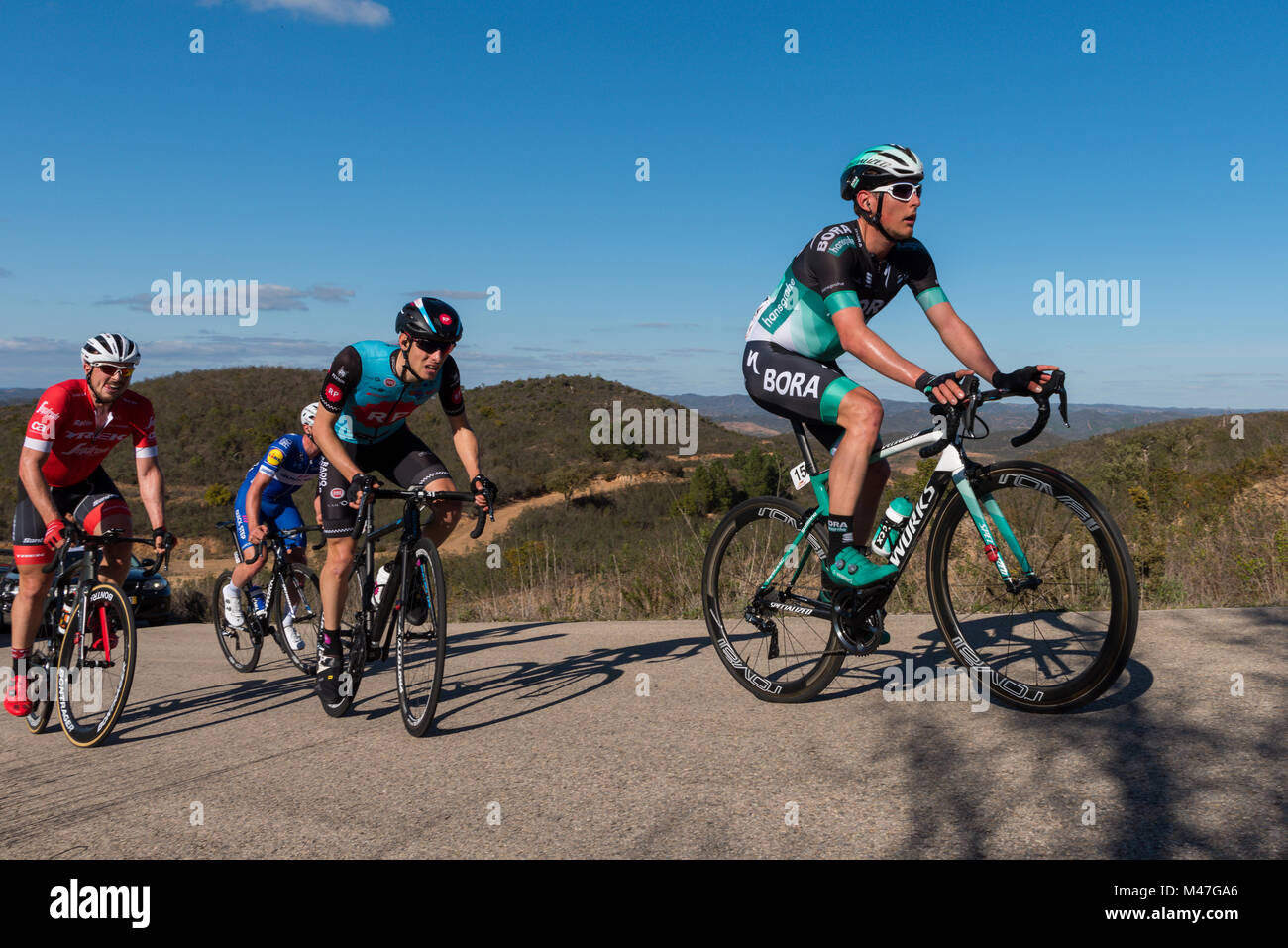 Sapeira, Portugal, 15th, Feb, 2018. Breakaway at the top of the Cat 3 climb of Sapeira, Algarve. Credit: Craig Rogers Credit: Craig Rogers/Alamy Live News Stock Photo