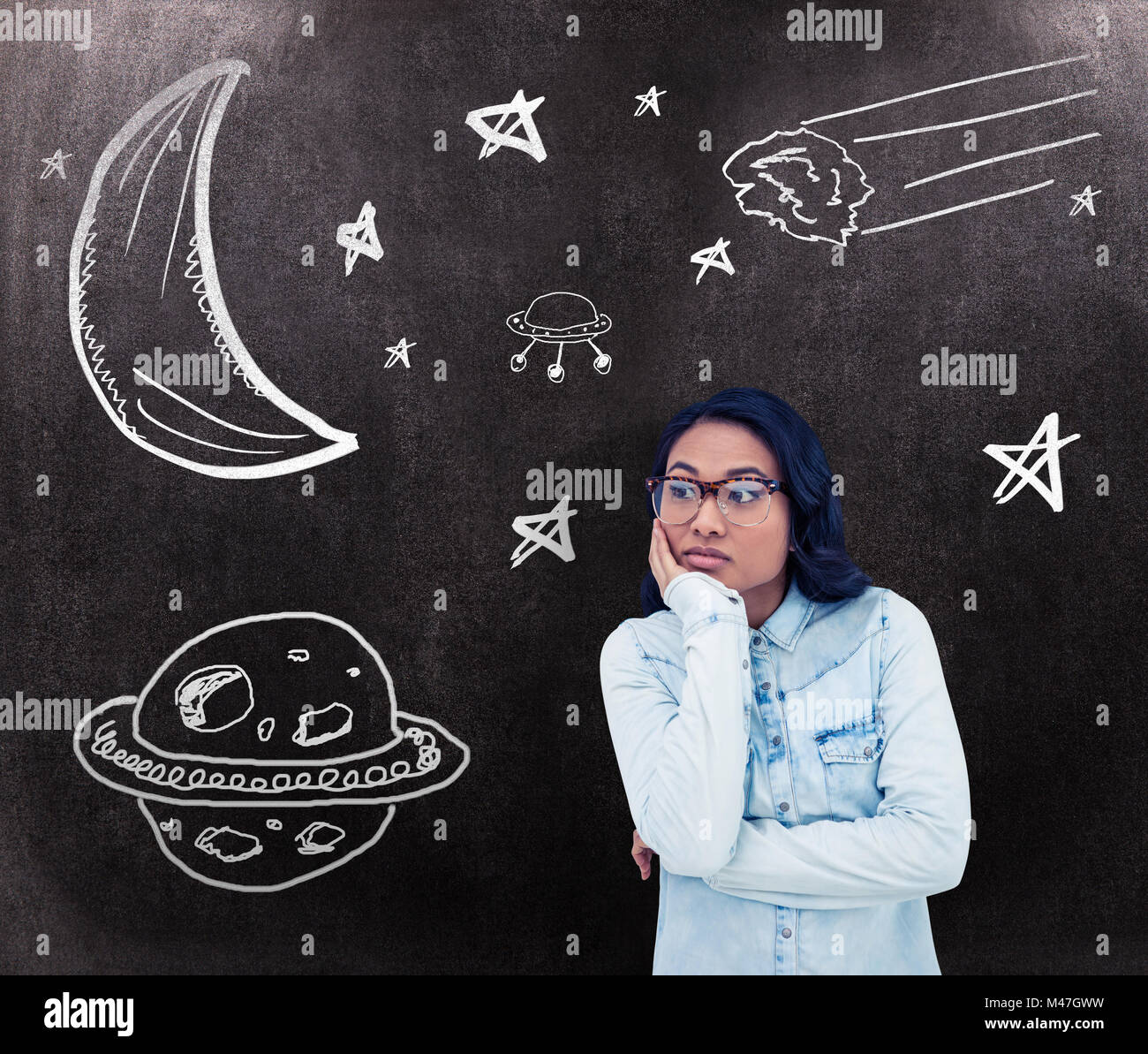 Composite image of thoughtful asian woman with hand on chin Stock Photo ...