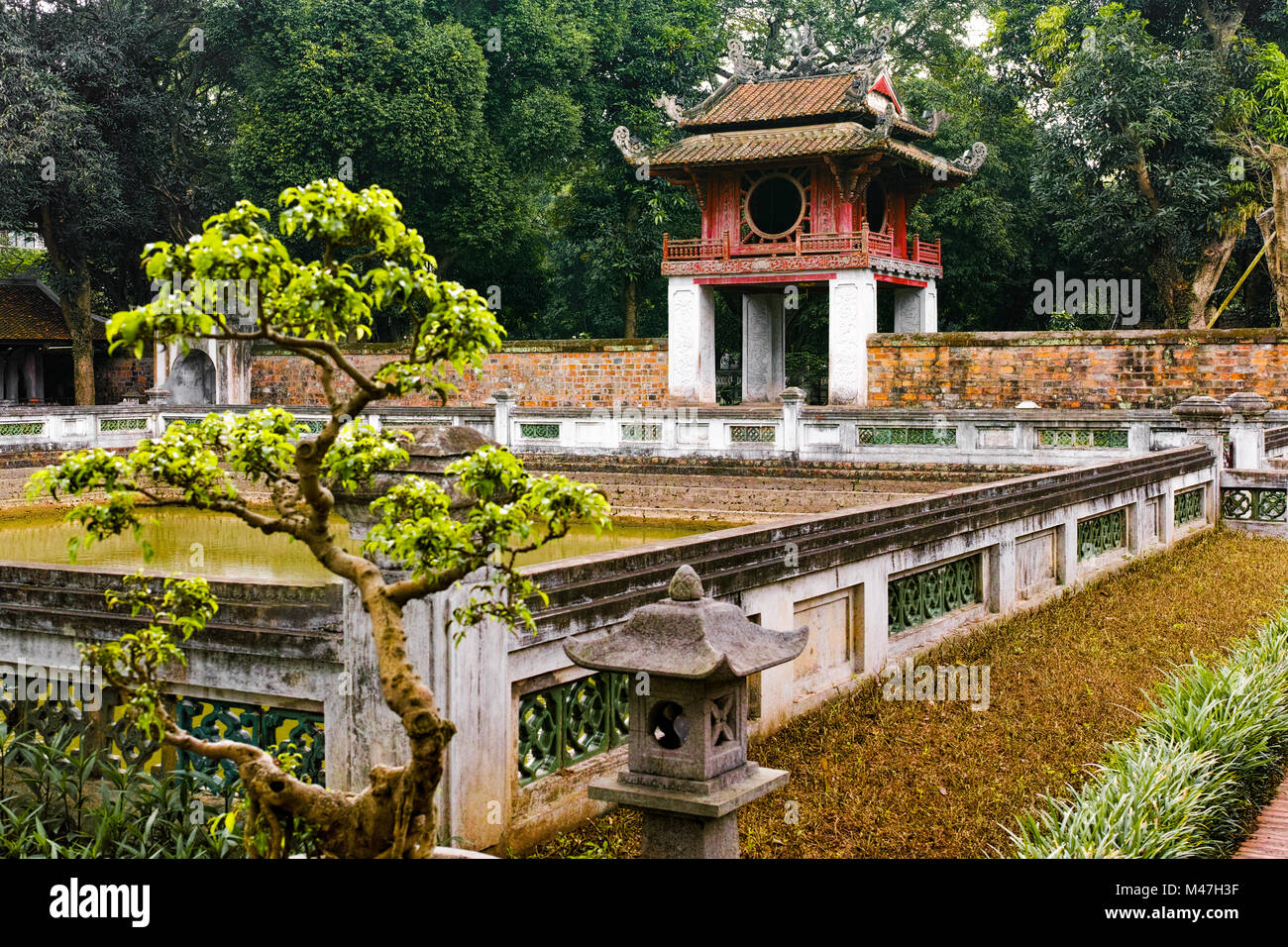Temple of Literature in Hanoi with Bonsai tree Stock Photo