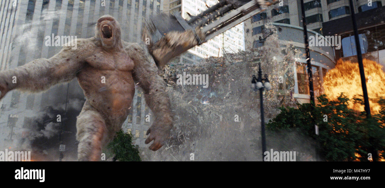 Rampage is an upcoming American action adventure monster film directed by Brad Peyton. It is loosely based on the video game series of the same name by Midway Games. The film stars Dwayne Johnson, Naomie Harris, Malin Åkerman, Joe Manganiello, Jake Lacy, Marley Shelton, and Jeffrey Dean Morgan.  This photograph is for editorial use only and is the copyright of the film company and/or the photographer assigned by the film or production company and can only be reproduced by publications in conjunction with the promotion of the above Film. A Mandatory Credit to the film company is required. The P Stock Photo