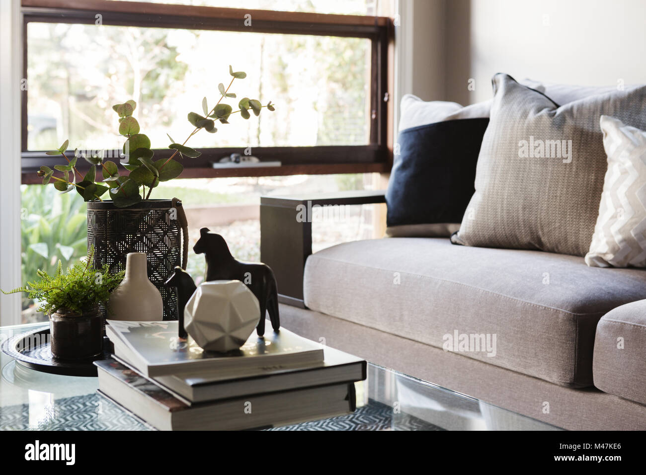 Contemporary luxury interior sofa and coffee table objects Stock Photo
