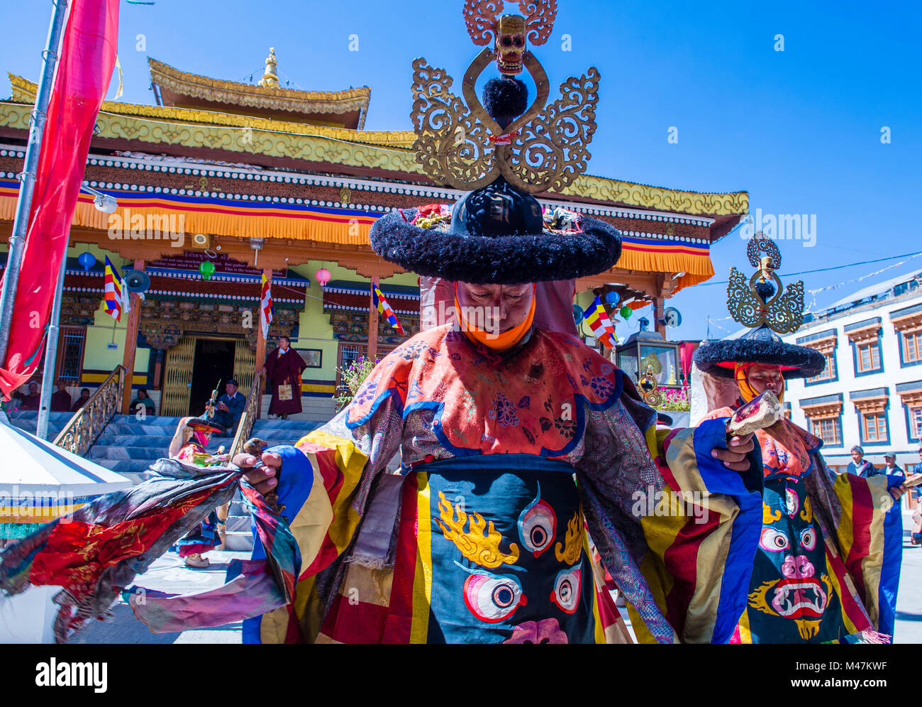 Buddhist monks performing Cham dance during the Ladakh Festival in Leh India Stock Photo