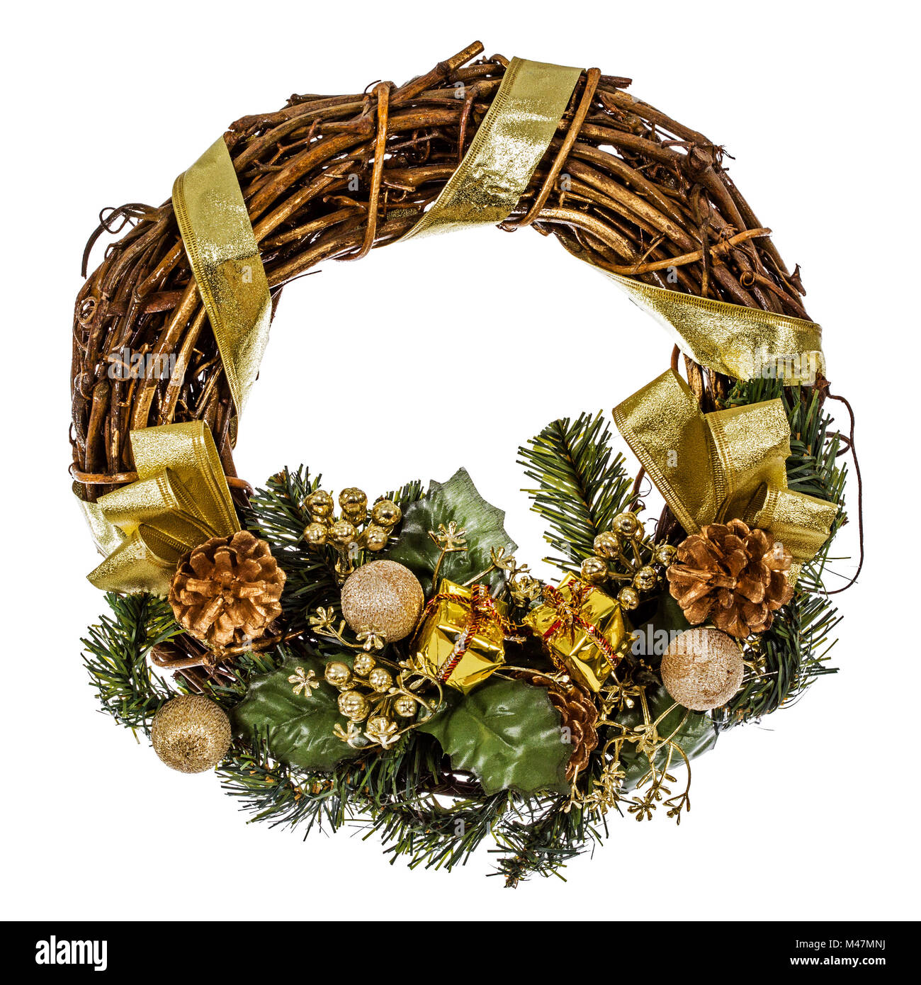 Green christmas wreath with decorations, isolated on white background Stock Photo
