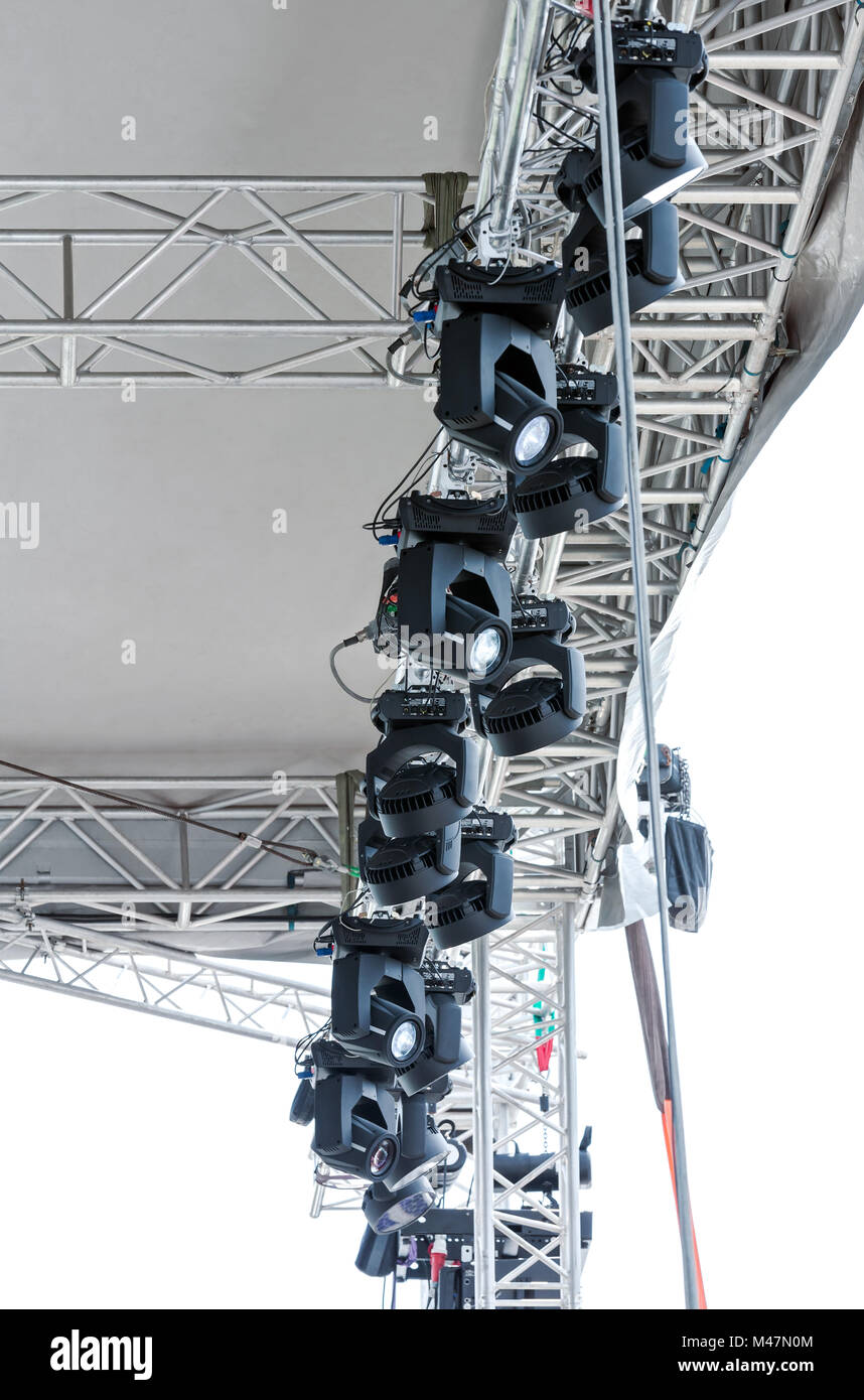 multiple spotlights on stage lighting rig Stock Photo