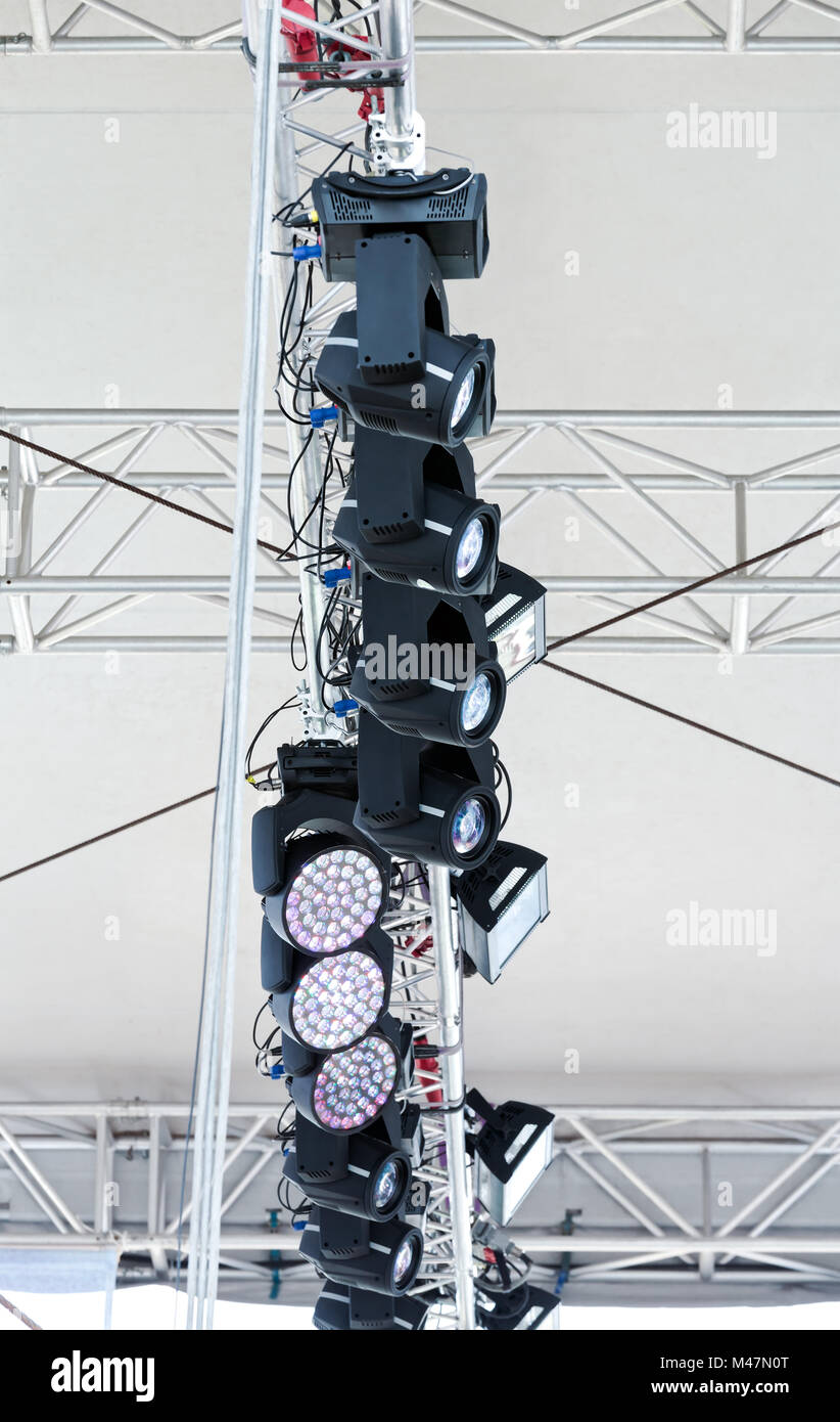 many spotlights on stage lighting rig Stock Photo