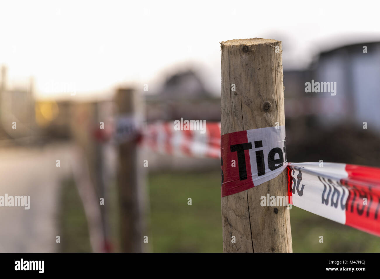 Wooden posts and caution tape at a construction site Stock Photo