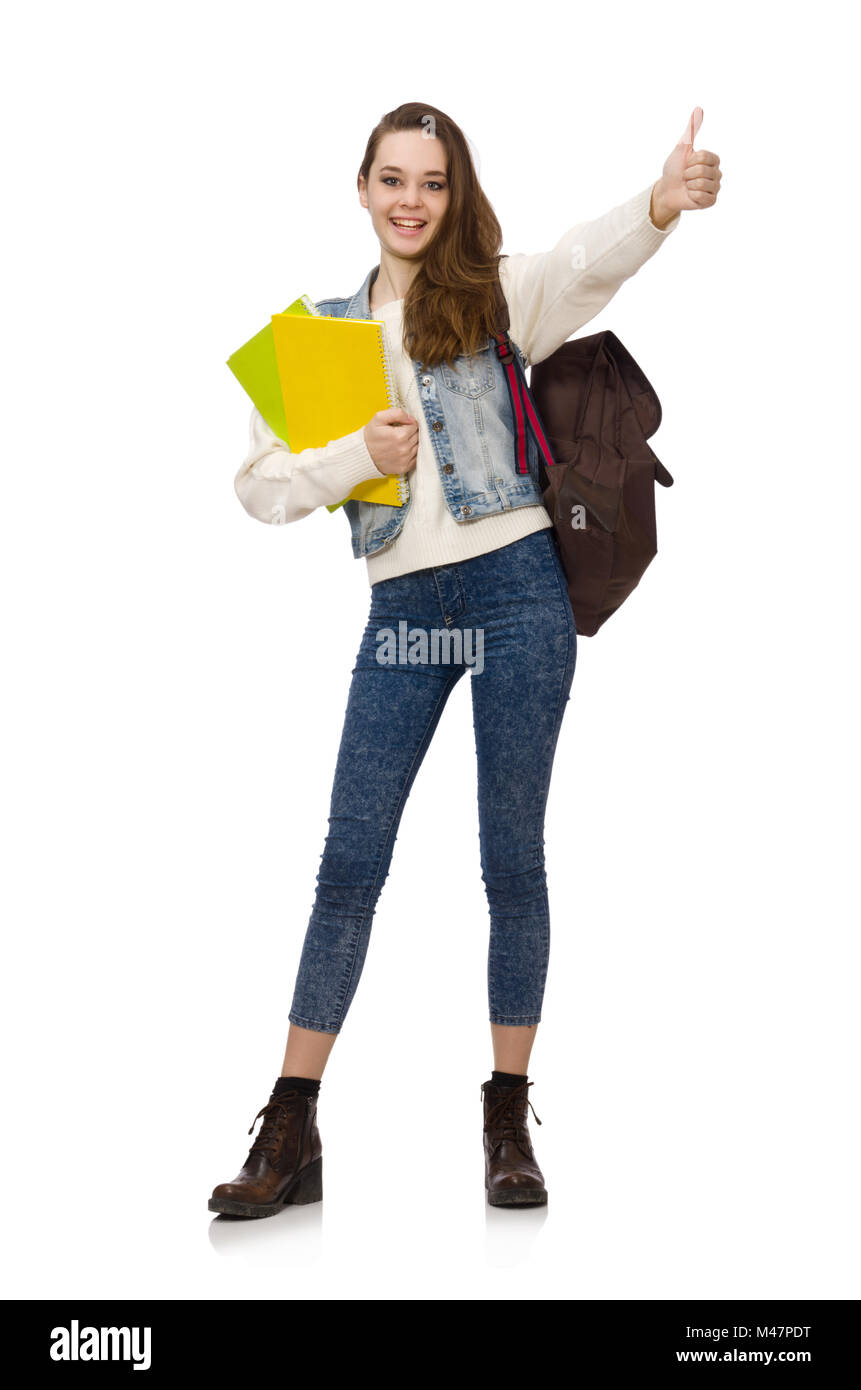 Pretty student holding textbooks isolated on white Stock Photo - Alamy