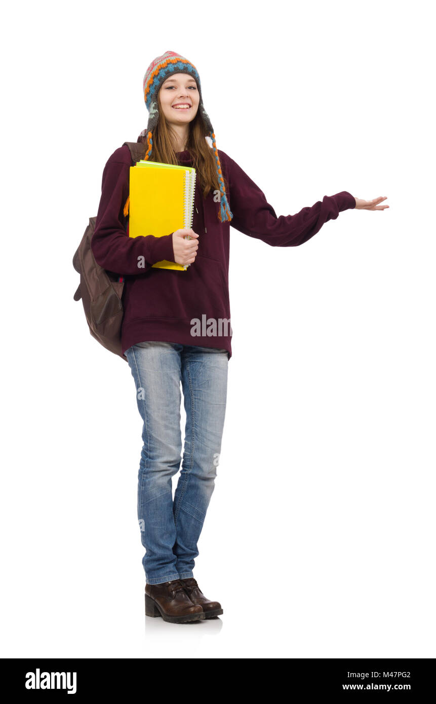 Smiling student with backpack and book isolated on white Stock Photo ...