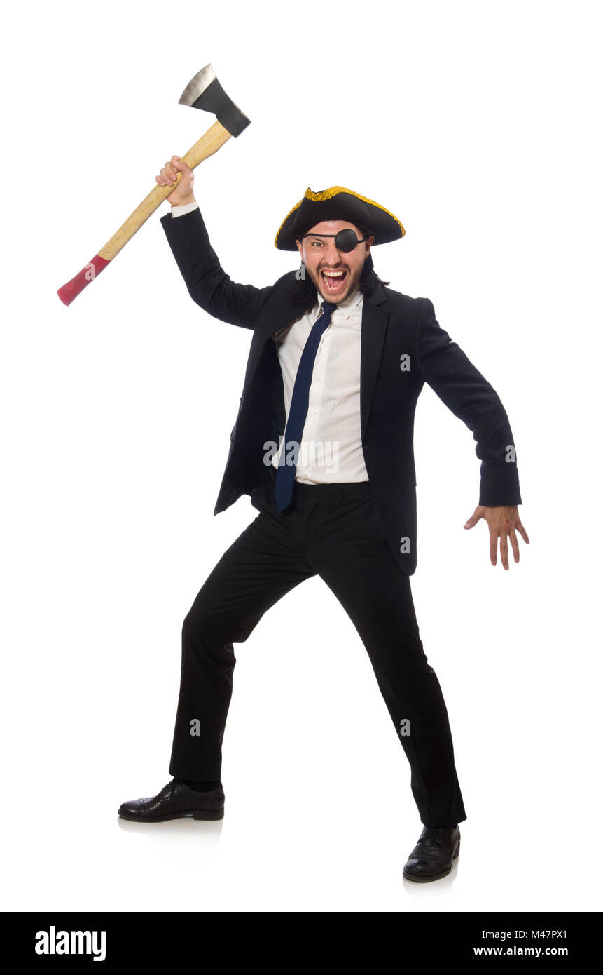 Pirate businessman with axe isolated on white Stock Photo Alamy
