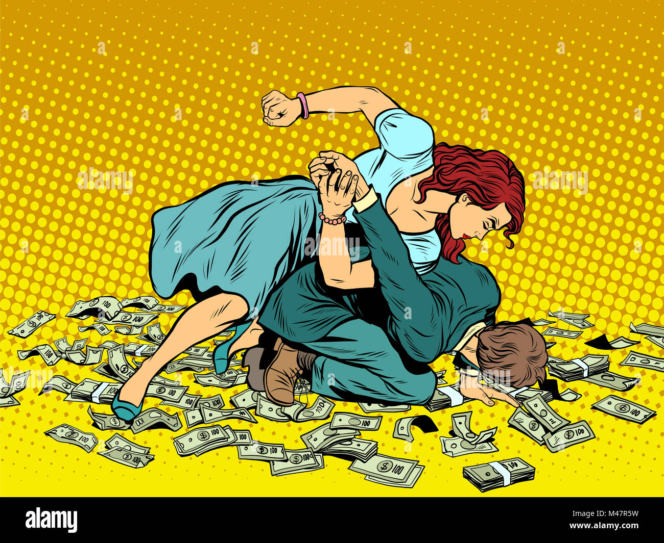 Woman beats man in fight for the money Stock Photo - Alamy