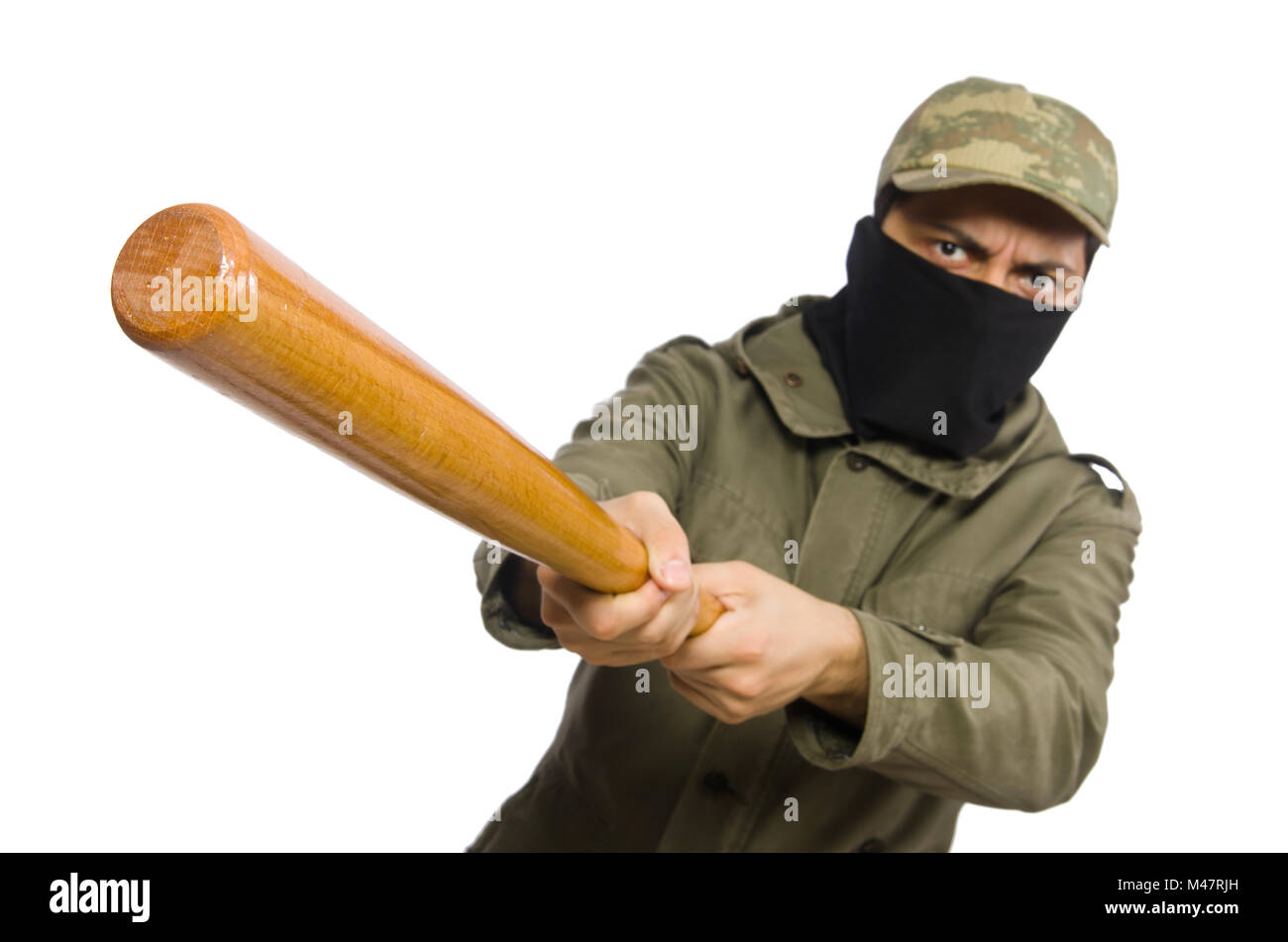Funny man with baseball bat isolated on white Stock Photo Alamy