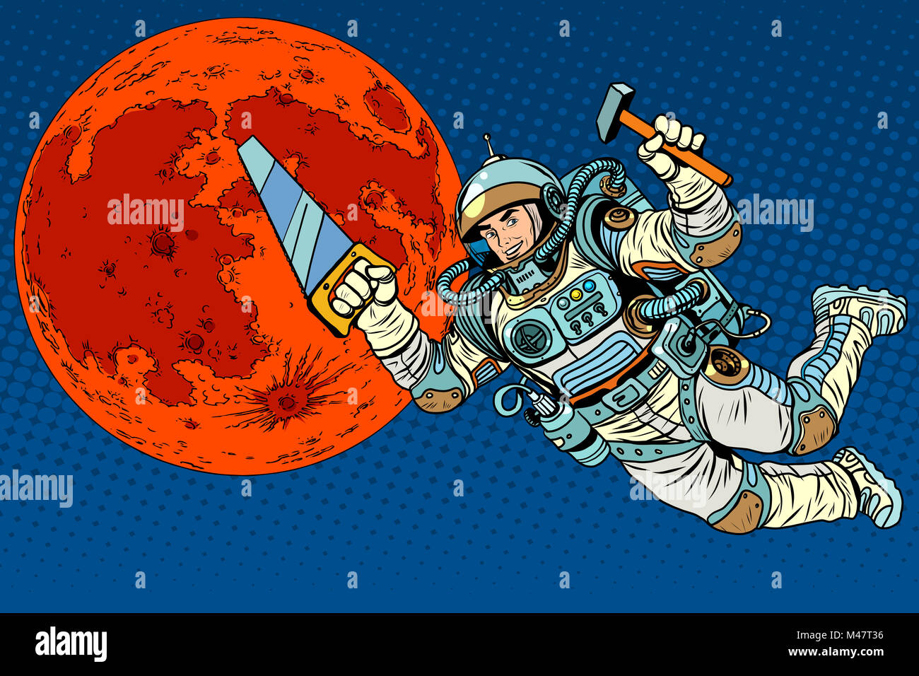 Astronaut with tools for building a colony on Mars Stock Photo