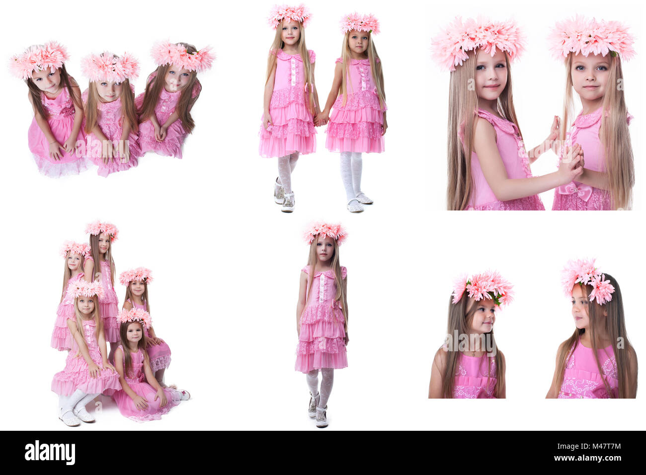Set of adorable little girls pose in pink dresses Stock Photo