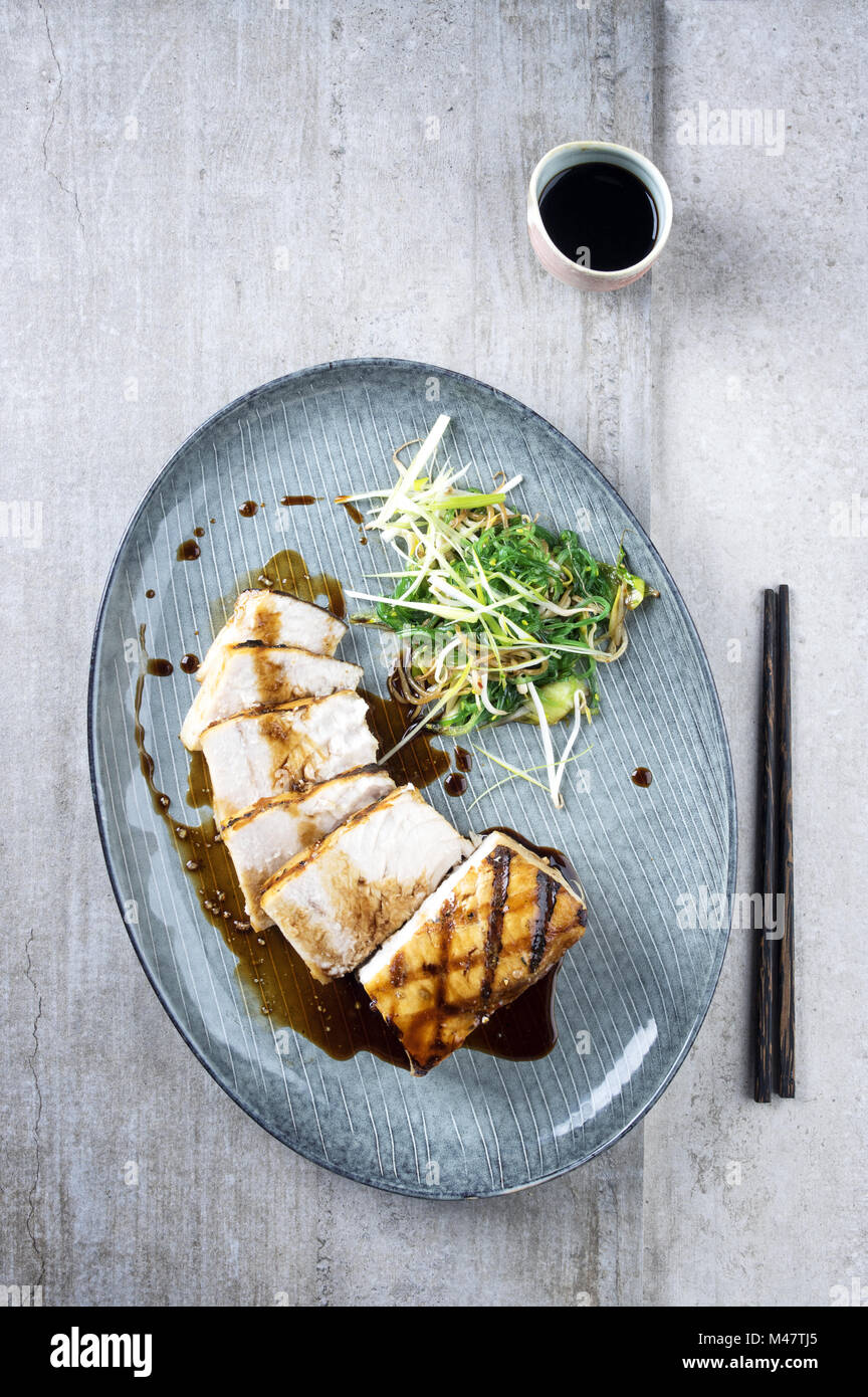 Swordfish Steak Teriyaki with vegetable on Plate Stock Photo