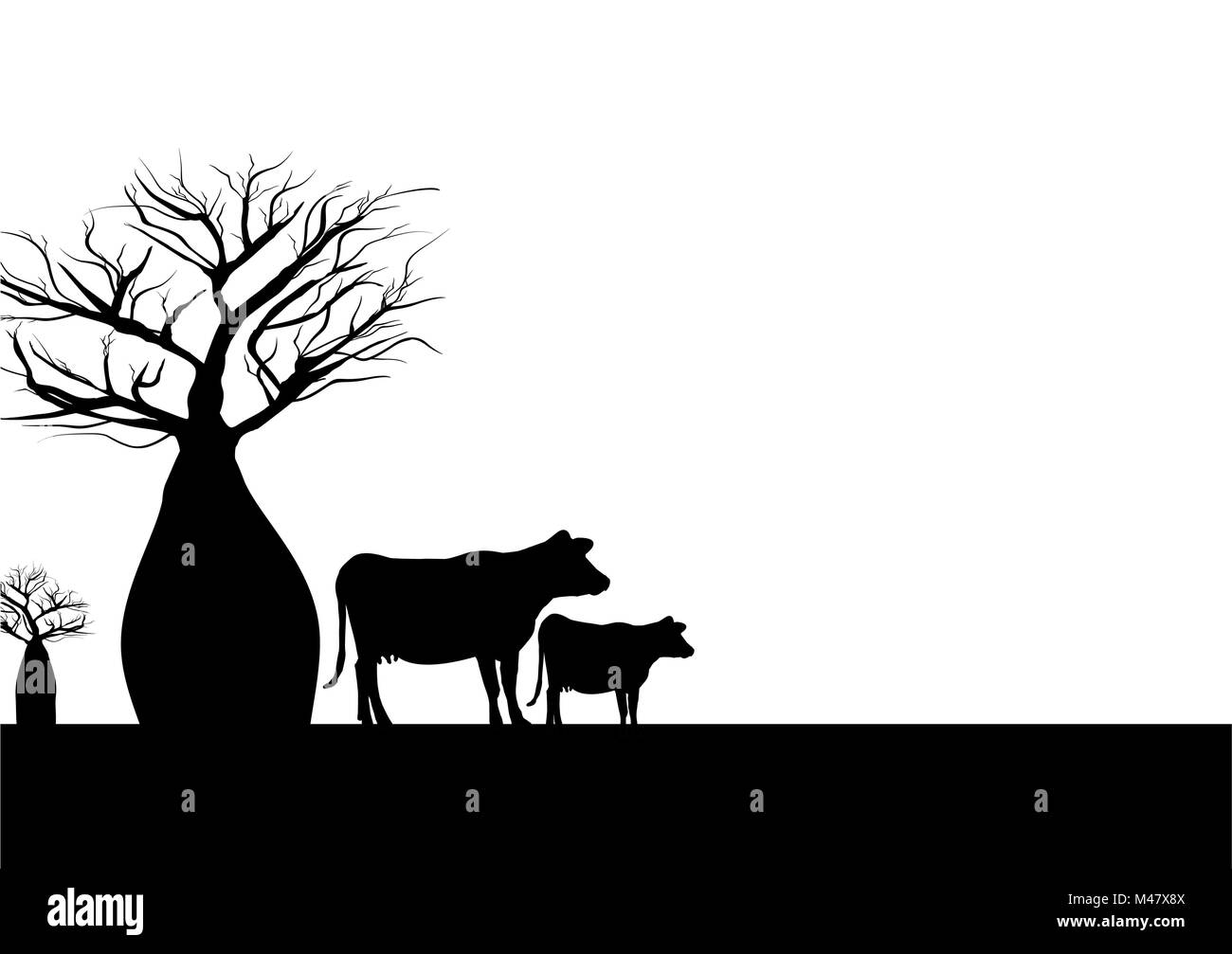 Two boab trees and cow black and white background Stock Vector