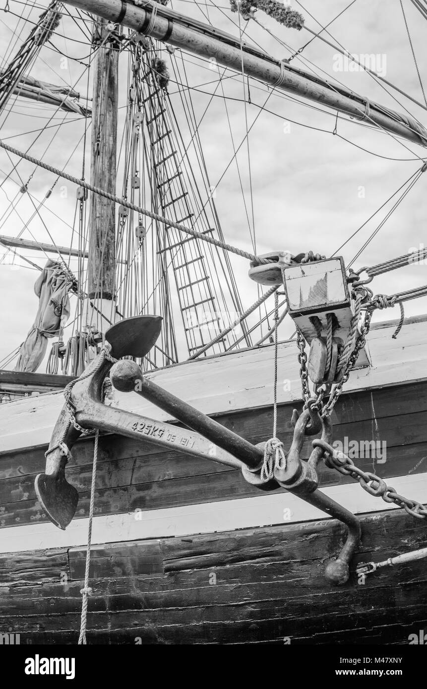 Anchor and rigging of an old sailboat, closeup Stock Photo Alamy