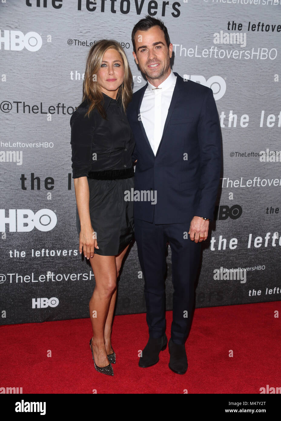 Justin Theroux and Jennifer Aniston attend 'The Leftovers' premiere at NYU Skirball Center on June 23, 2014 in New York City. Stock Photo