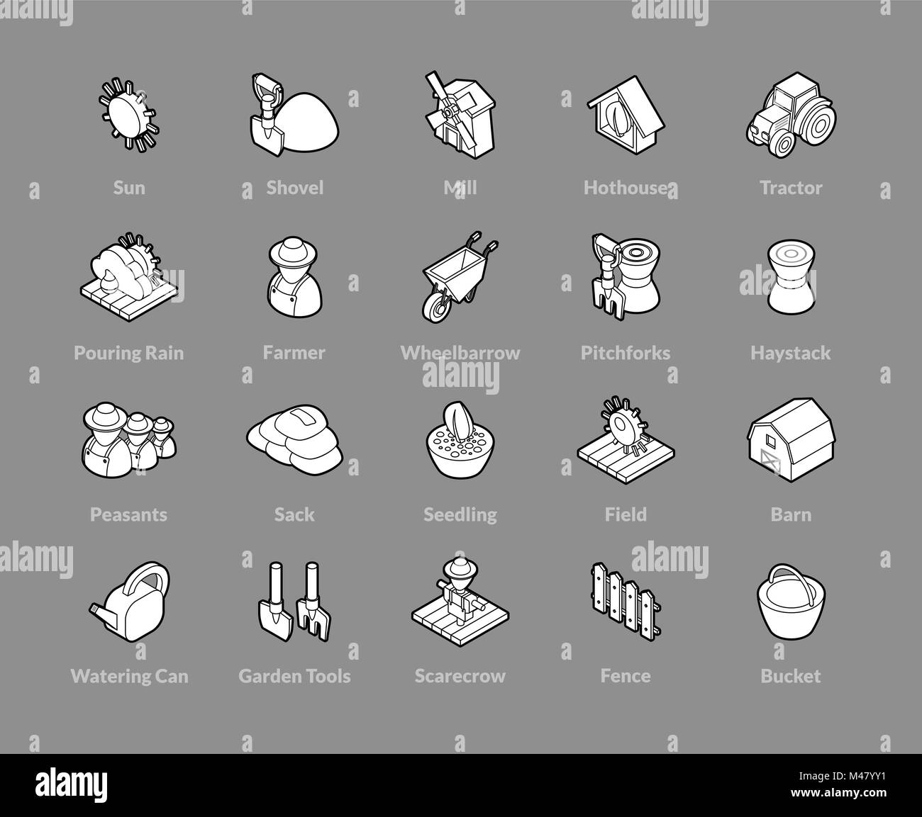 Isometric outline icons set farming Black and White Stock Photos 