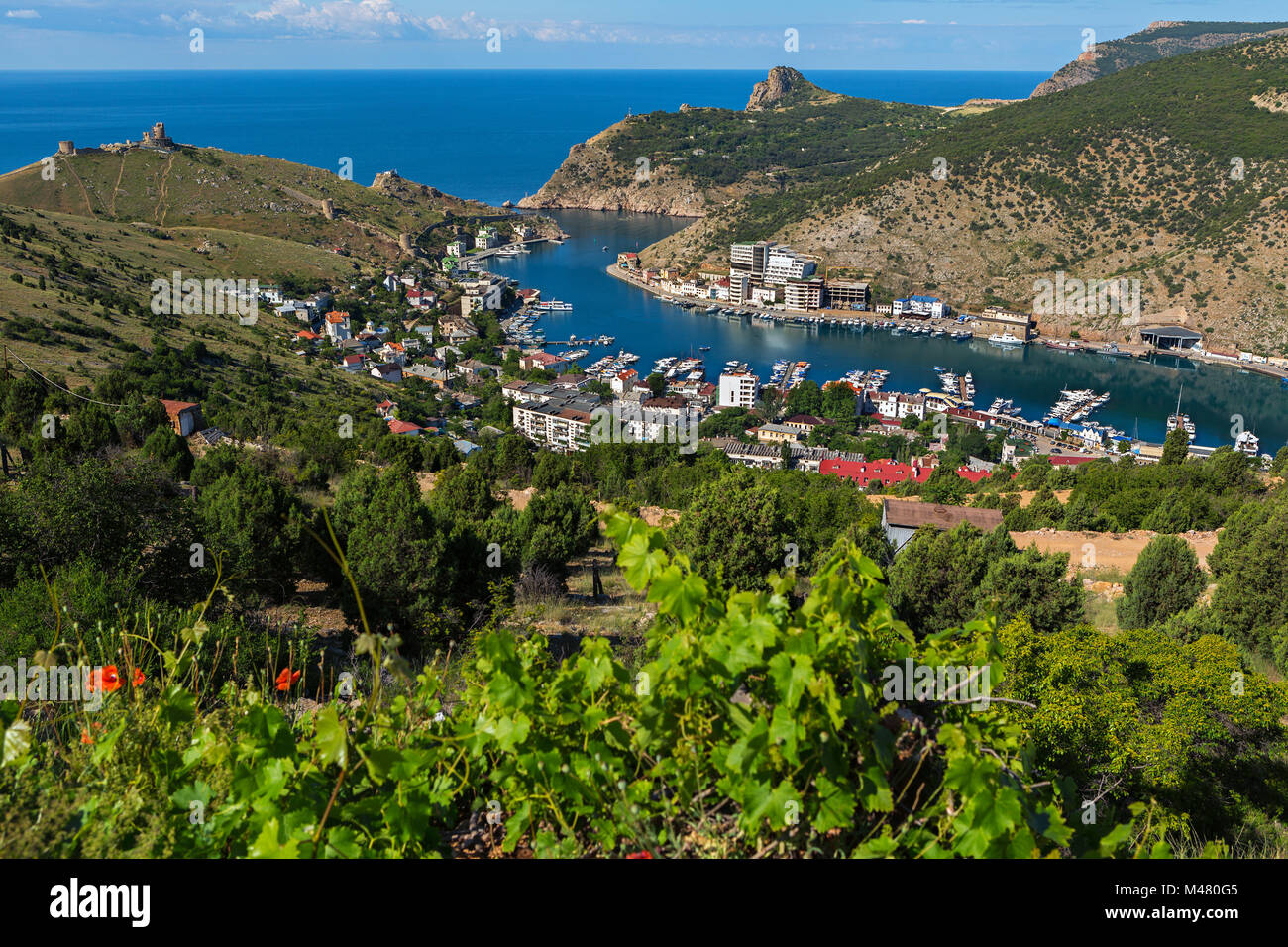 Balaklava is popular Crimean resort Bay former submarine base Stock Balaklava is popular Crimean resort Bay former submarine base Stock
