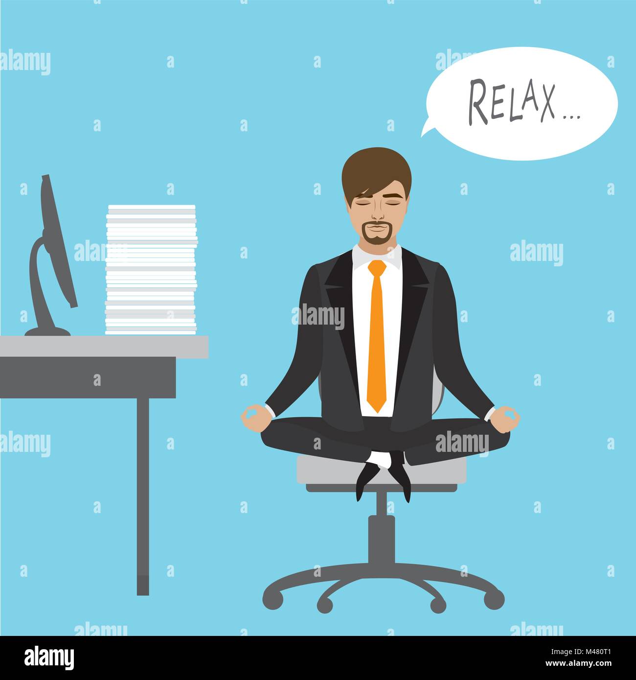 Office worker relaxes and meditates in the lotus position on the job, vector illustration Stock Vector