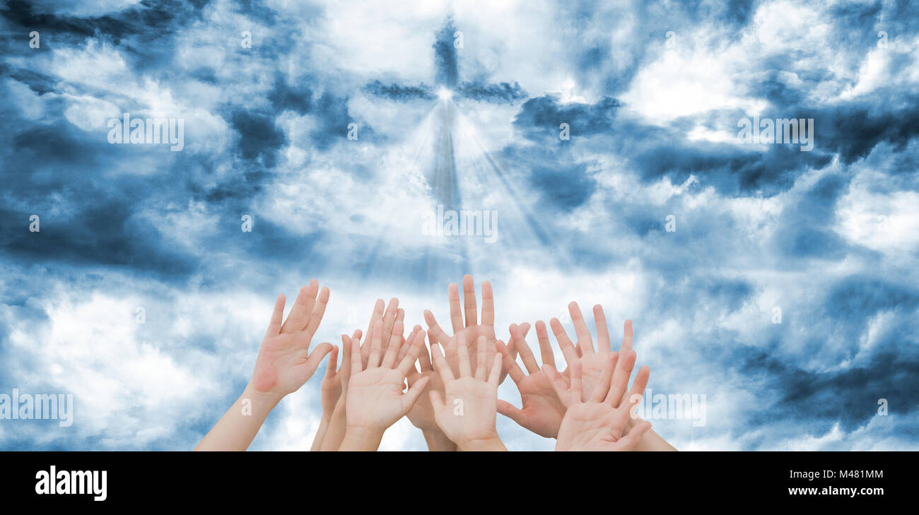 Composite image of people raising hands in the air Stock Photo - Alamy