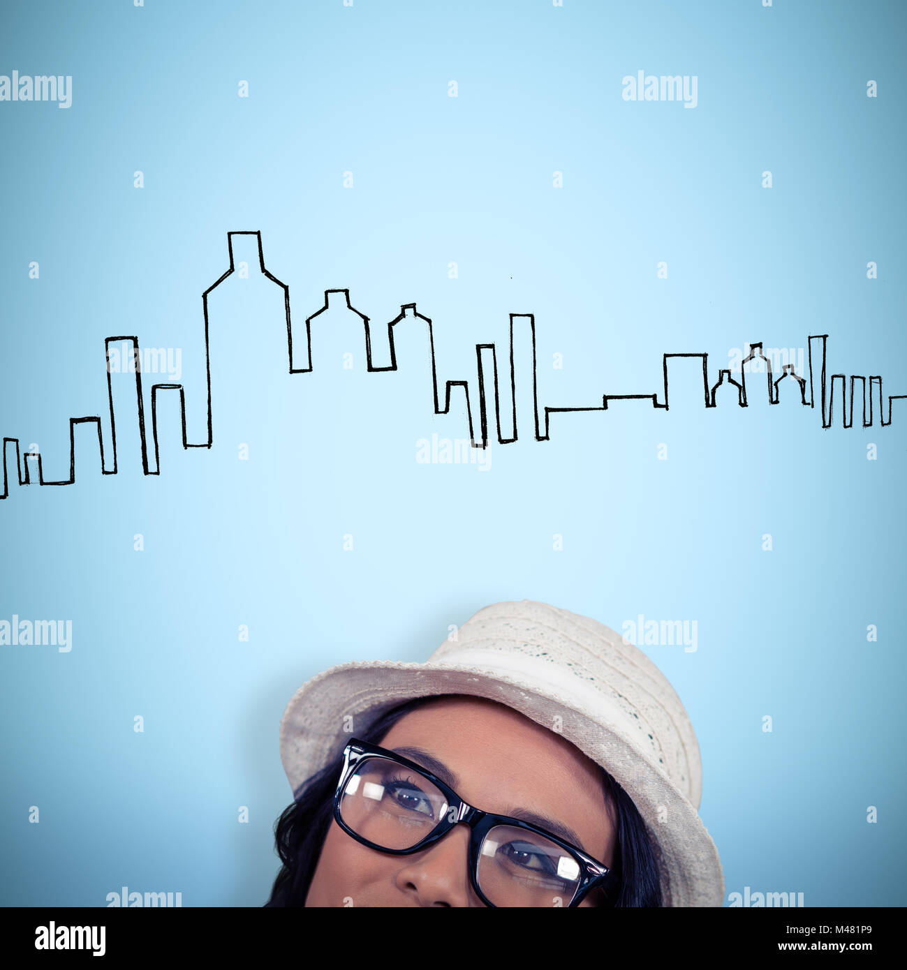 Composite image of thoughtful asian woman standing Stock Photo