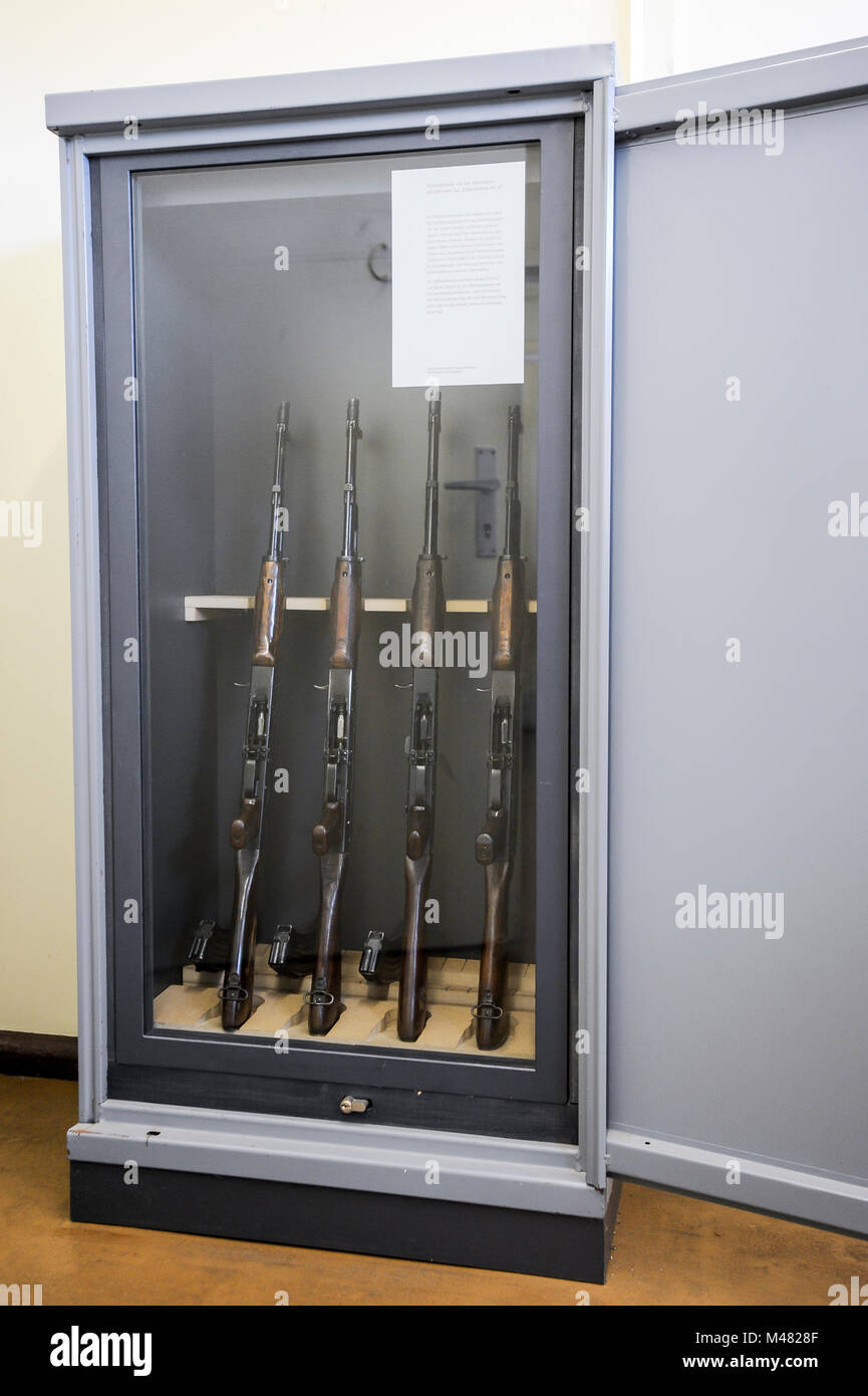 Exhibition of weapon safe box with assault rifles in one of buildings ...