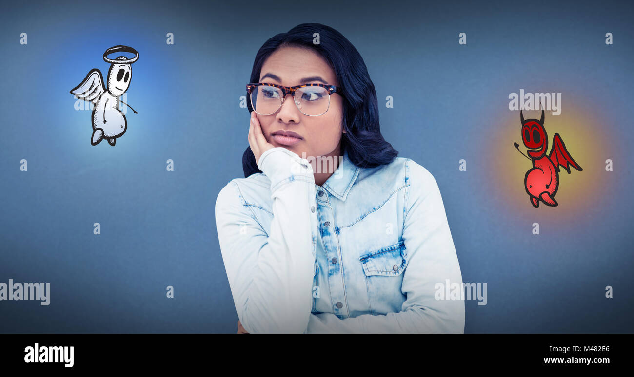 Composite image of thoughtful asian woman with hand on chin Stock Photo ...