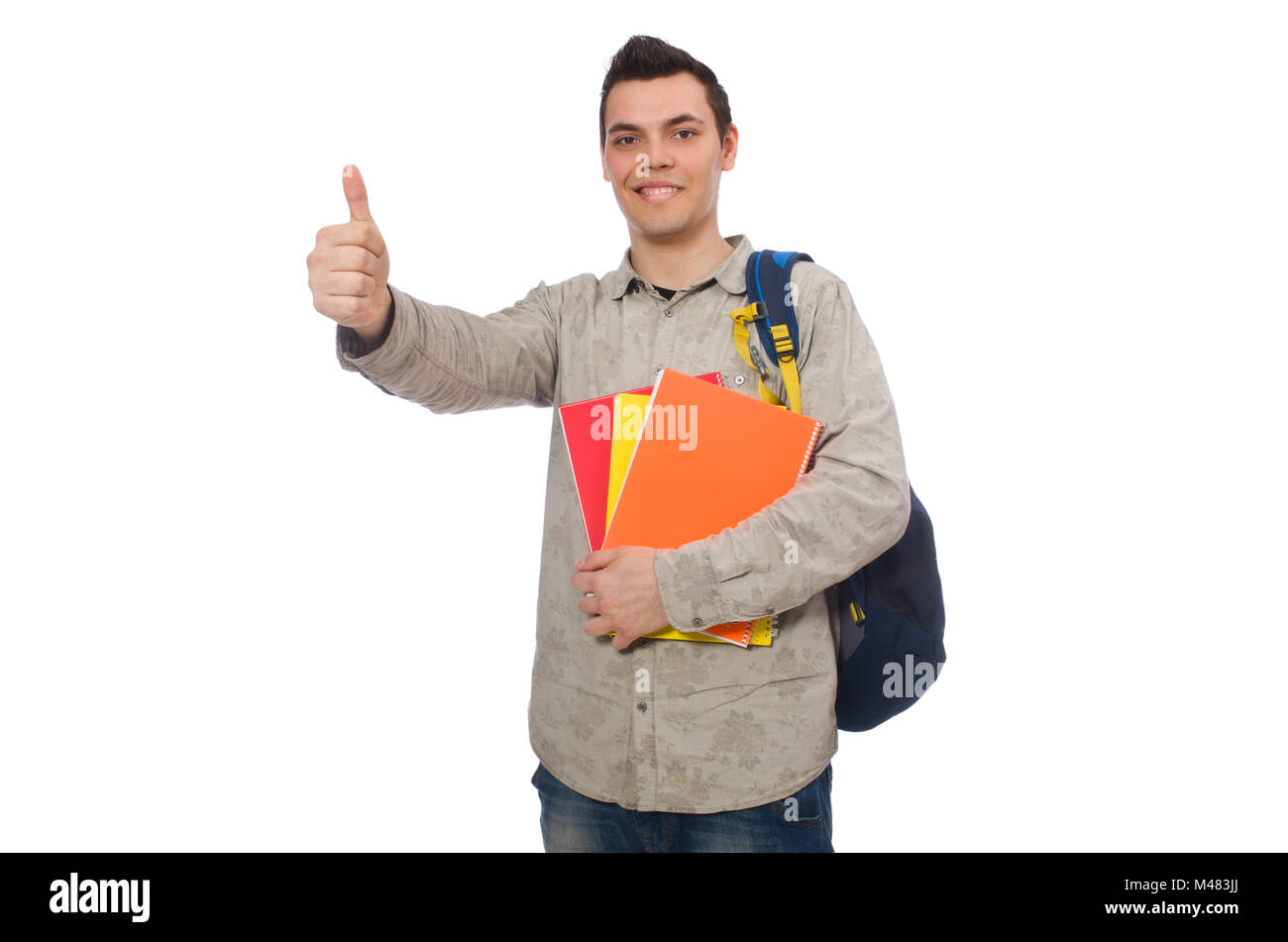 Smiling caucasian student with backpack and books isolated on wh Stock ...