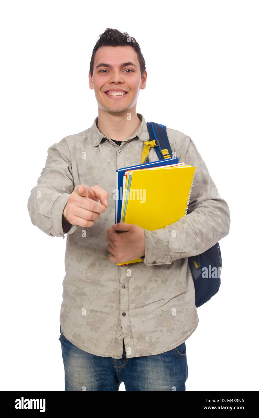 Smiling caucasian student with backpack and book isolated on whi Stock ...