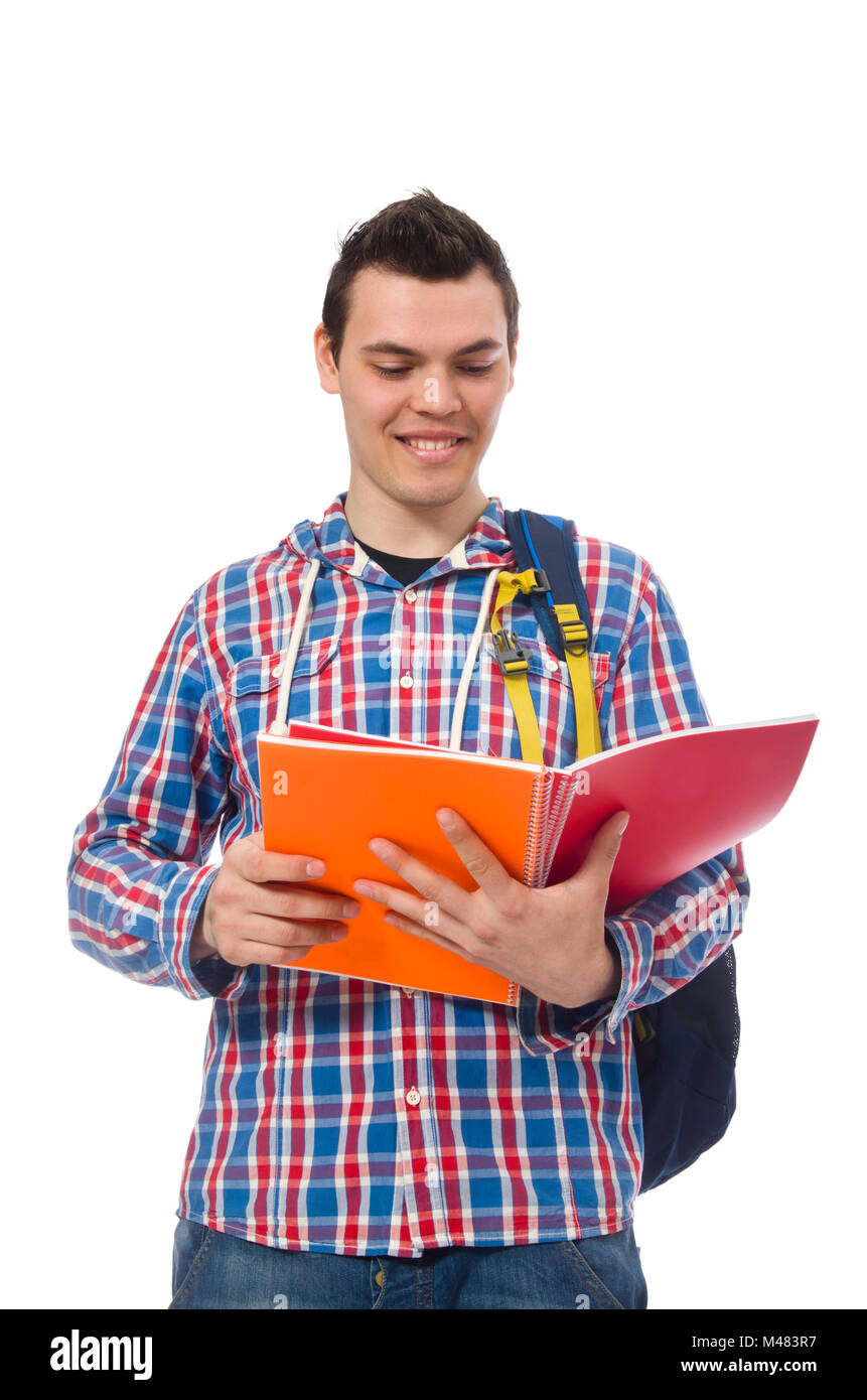 Smiling caucasian student with backpack and book isolated on whi Stock ...