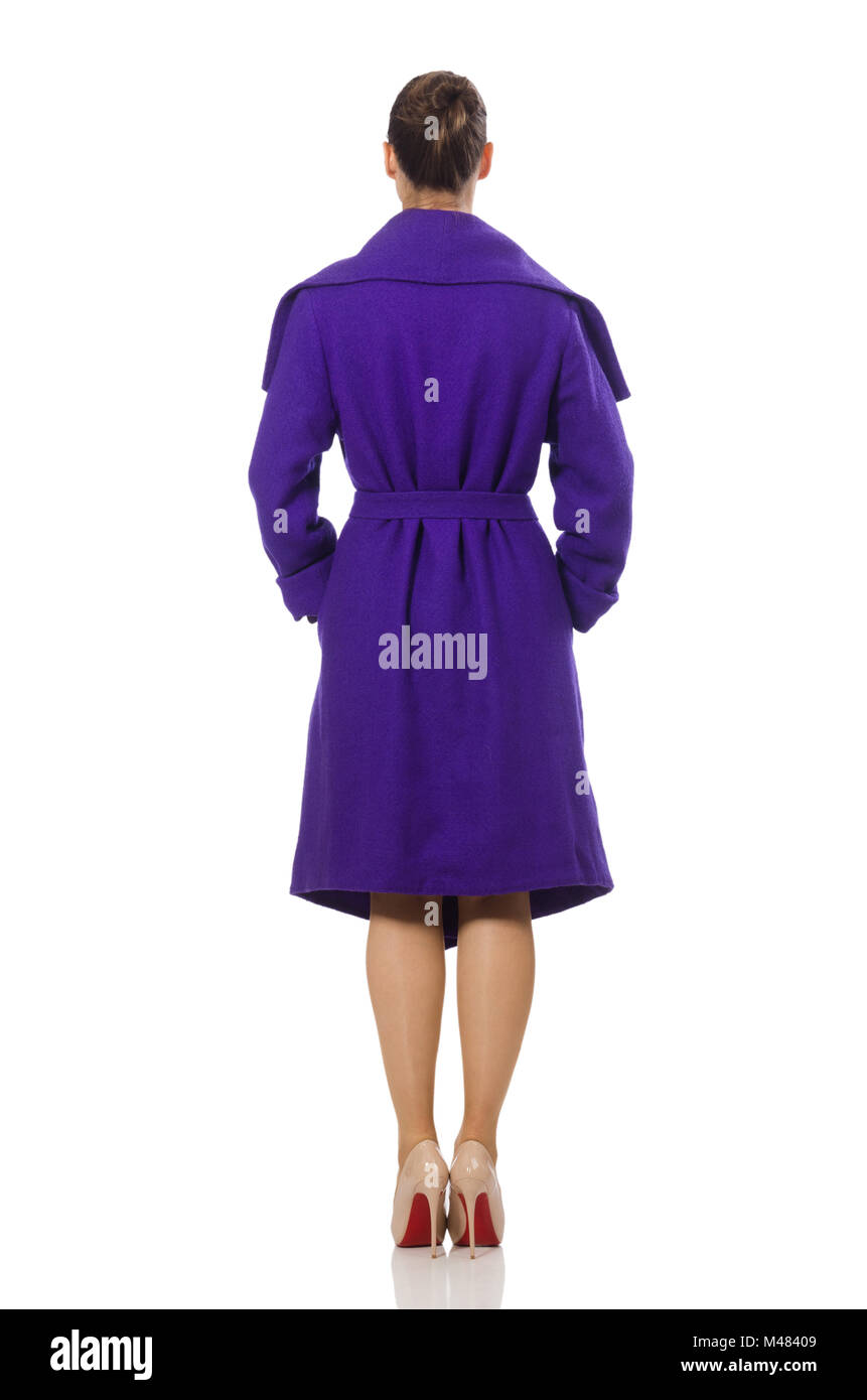 Caucasian model in purple coat isolated on white Stock Photo - Alamy