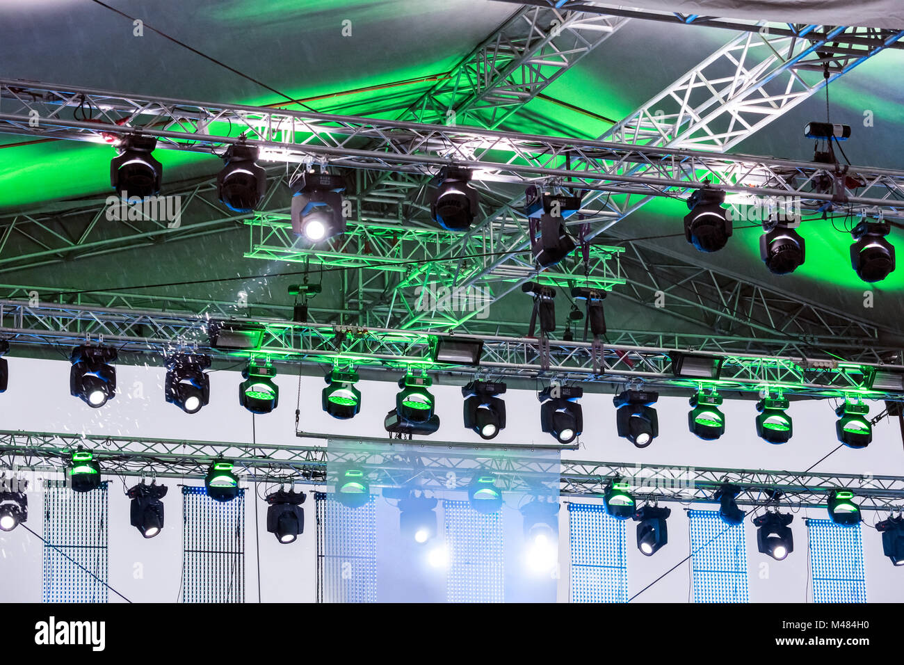 row of spotlights on outdoor stage Stock Photo