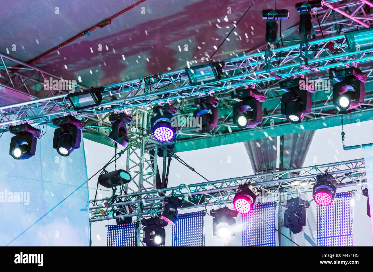 row of spotlights on outdoor stage Stock Photo