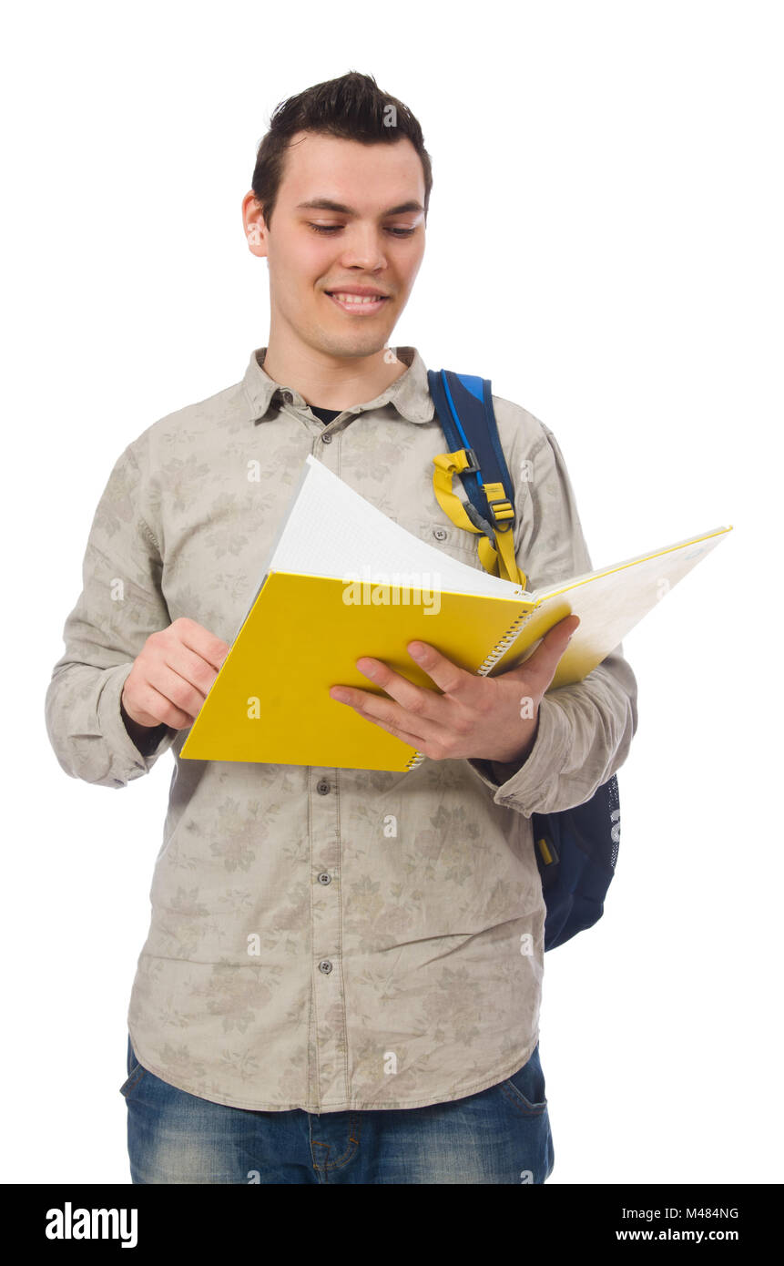 Smiling caucasian student with backpack and book isolated on whi Stock ...