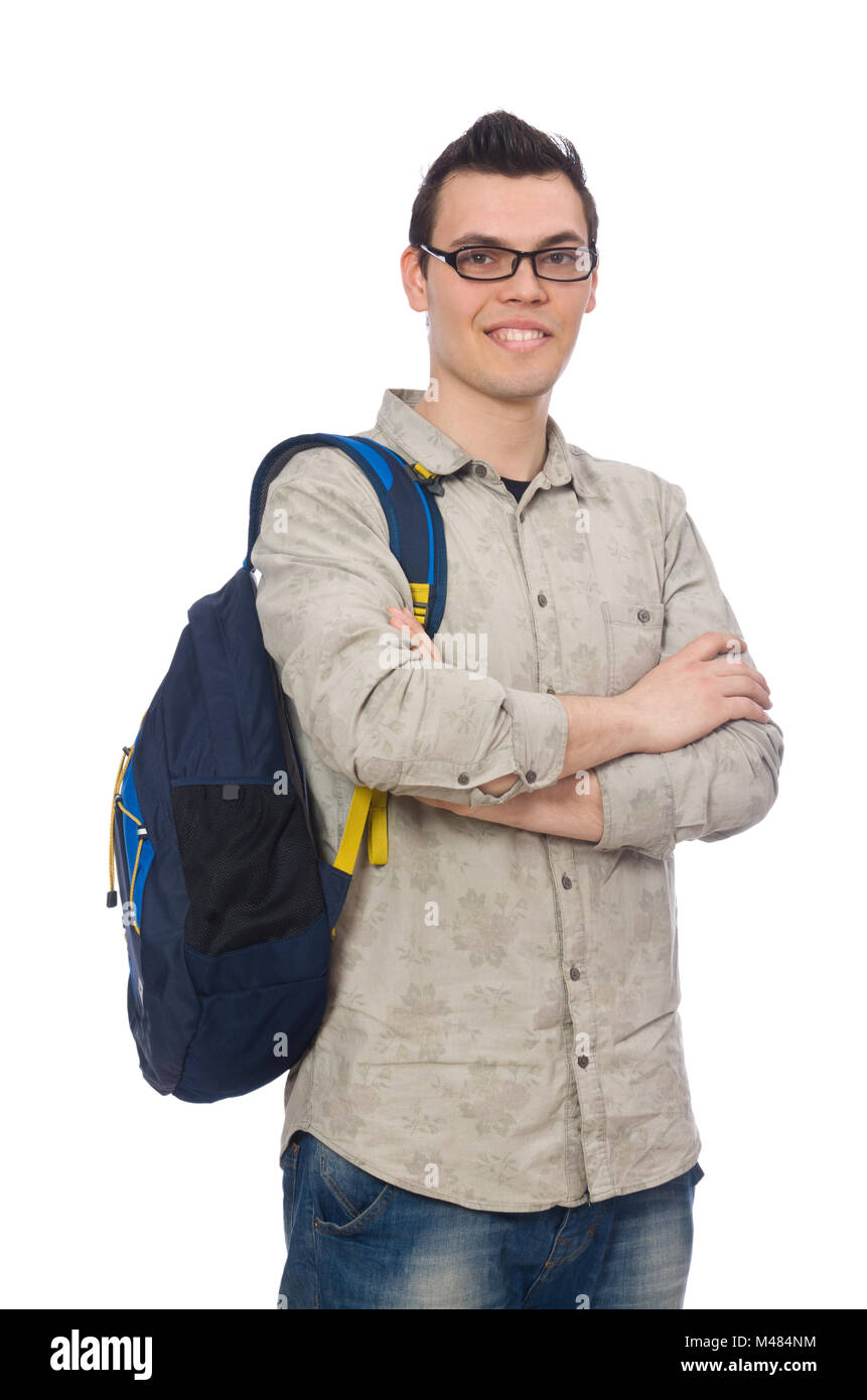 Smiling caucasian student with backpack isolated on white Stock Photo ...