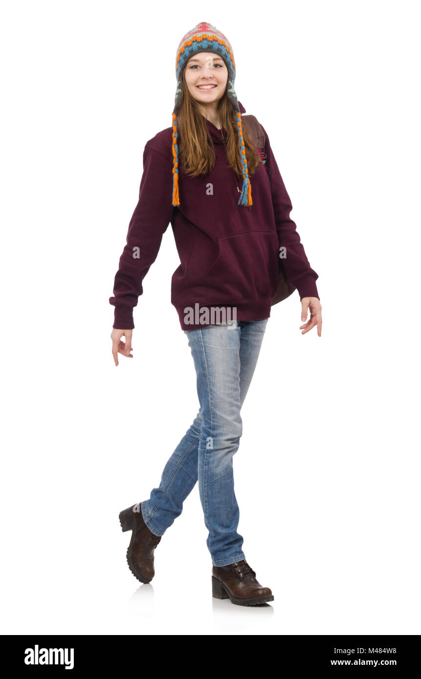 Smiling student with backpack isolated on white Stock Photo - Alamy