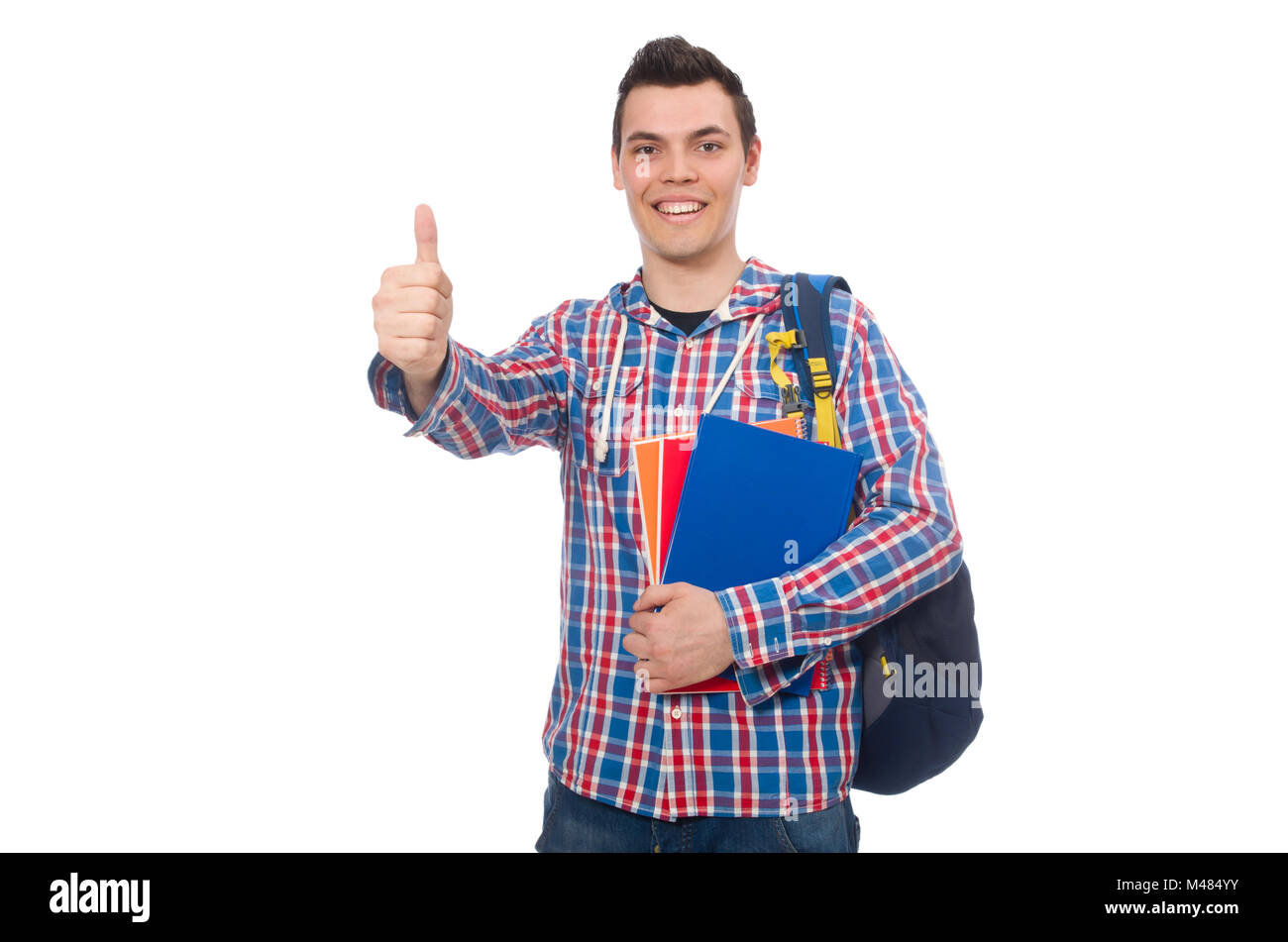 Smiling caucasian student with backpack and books isolated on wh Stock ...